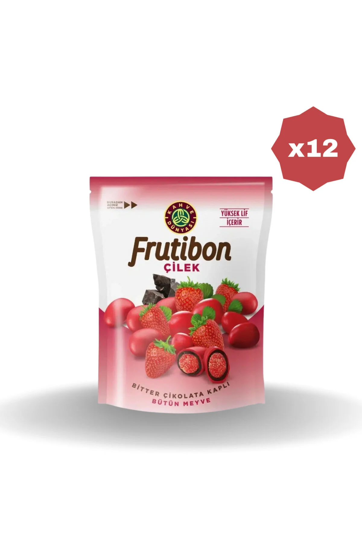 آبنبات و شیرینی دراژه توت فرنگی با روکش شکلات تیره FRUTIBON WORLD 50 گرم 12 عدد قهوه دونیاسی Kahve Dünyası