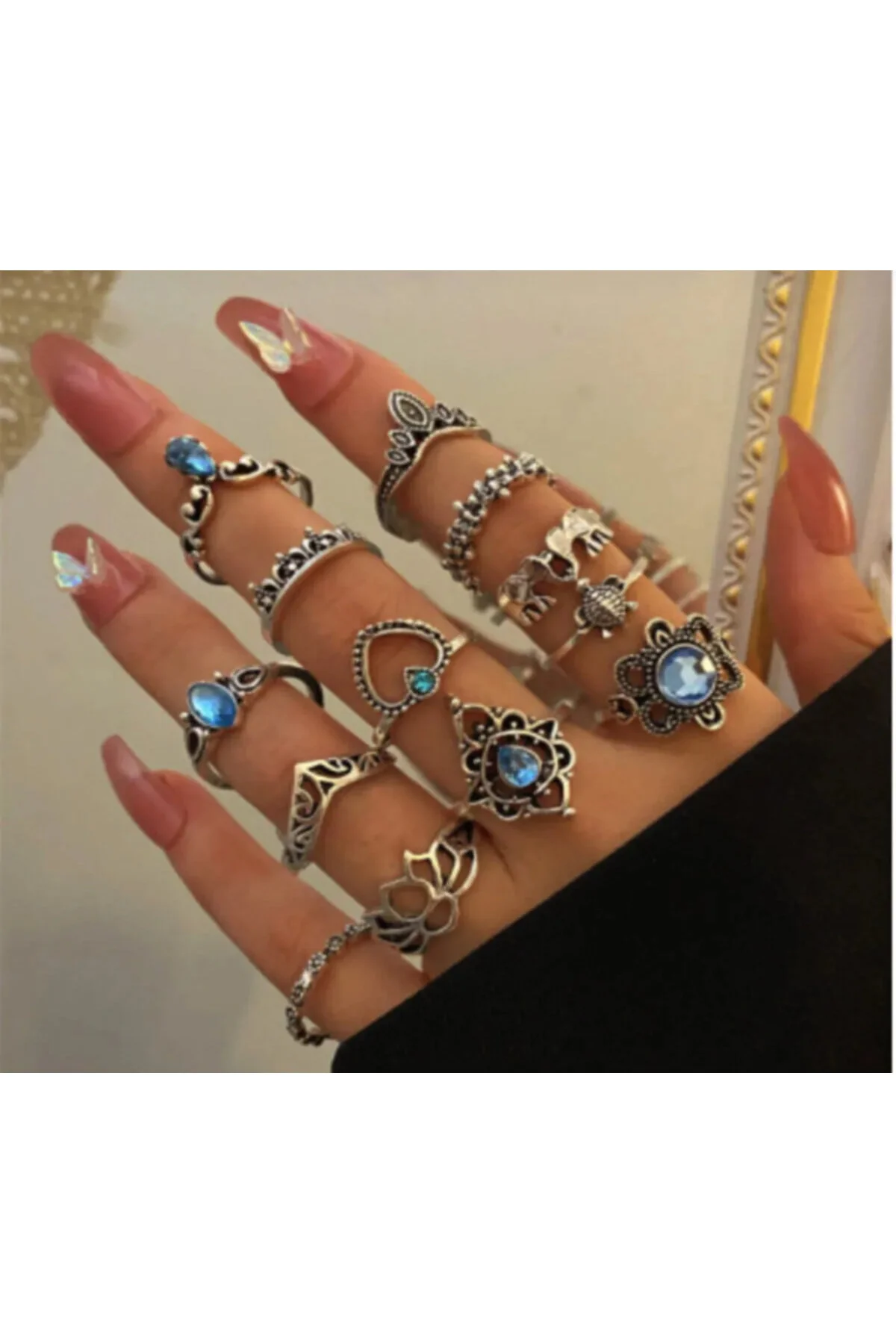 انگشتر فشن زنانه مفصل سنگ آبی و مجموعه حلقه Toz Vintage