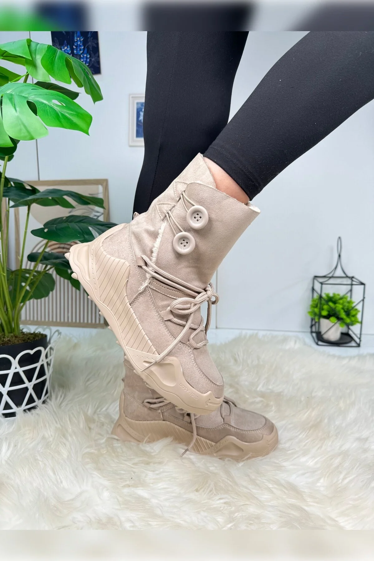 چکمه و بوت های جیر زنانه روزانه IMERSHOES زمستانی با دکمه خزدار داخل کفش بند دار بدون لغزش زیره بلند Allyup