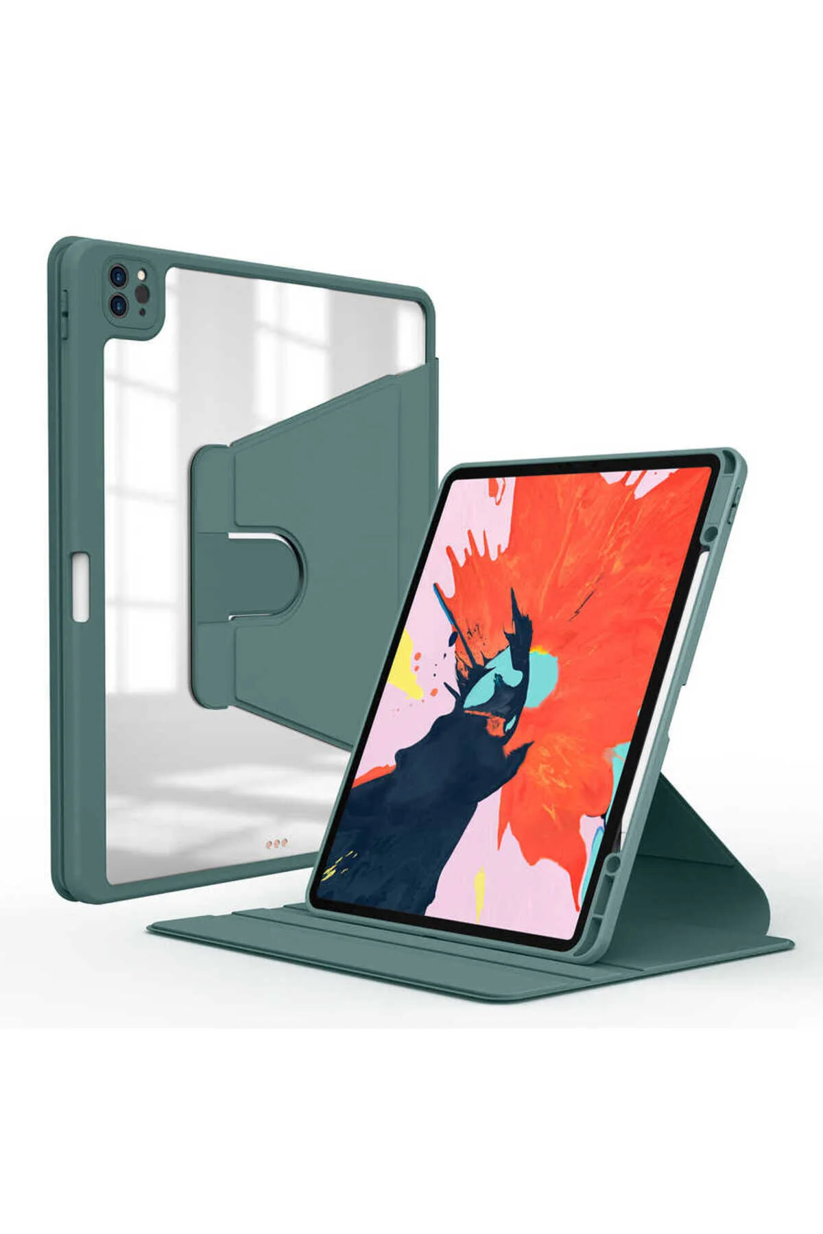 کاور تبلت IPAD PRO 11 نسل چهارم قاب پایه پلاستیکی چرخشی CASE 360 سبز تیره ekılıf