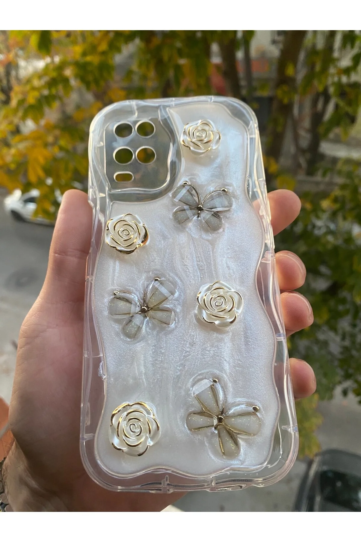 کاور و قاب سازگار OPPO A54 5D برجسته پروانه ای طرح دار لبه های براق شفاف AQUA AKSESUAR