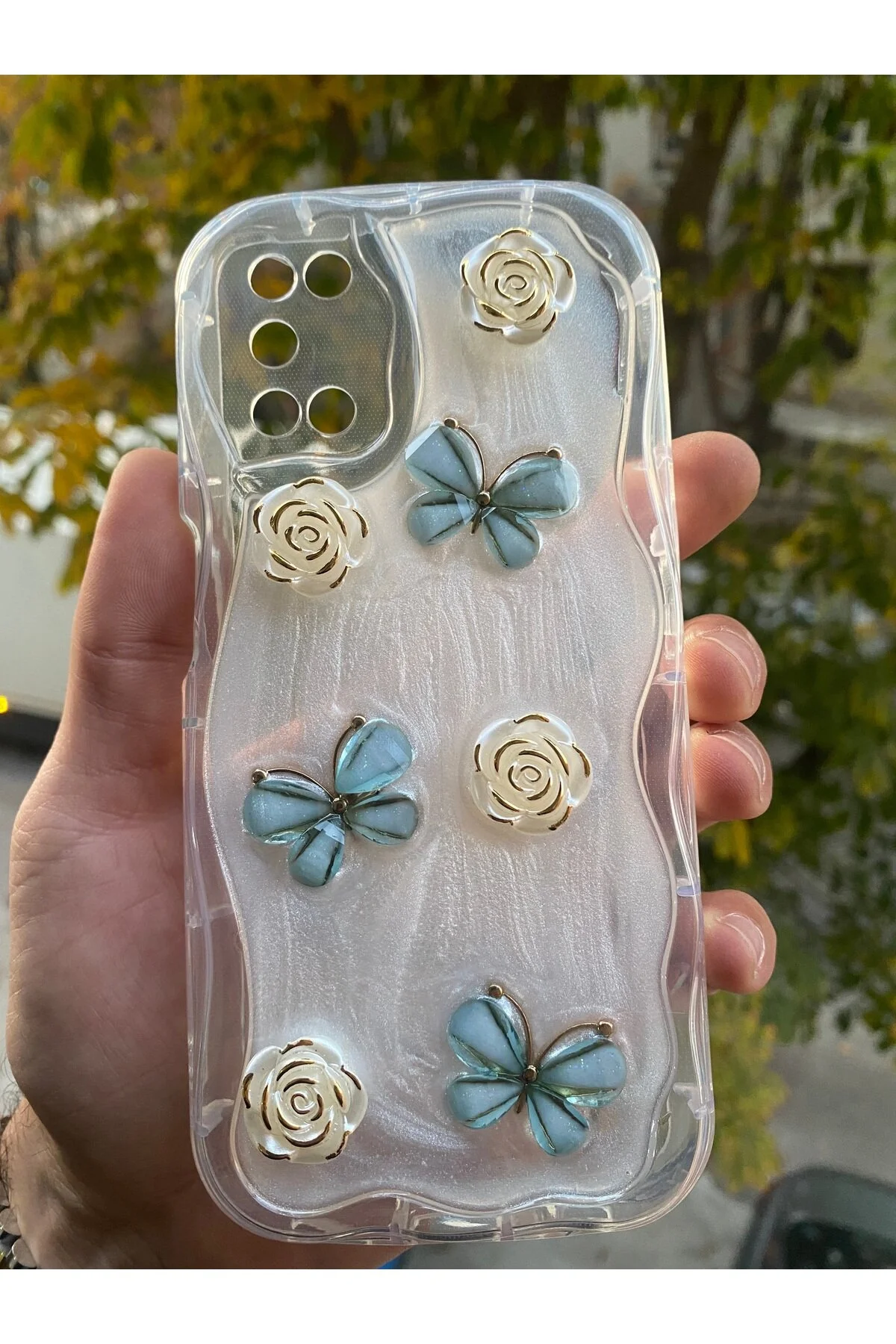 کاور و قاب سازگار OPPO A52 A72 A92 5D نقش برجسته گل پروانه ای لبه های براق شفاف AQUA AKSESUAR