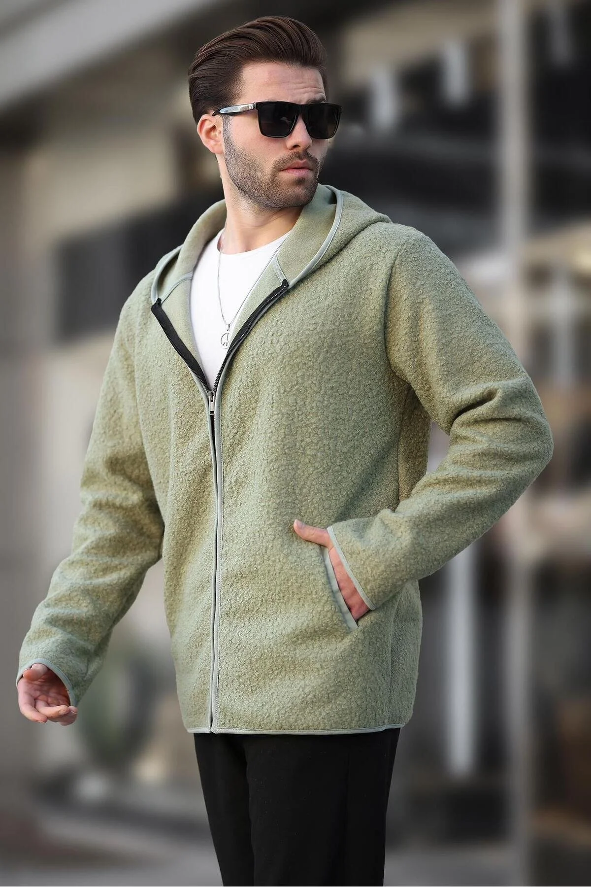 ژاکت جلو باز سبز مردانه کش بافیت Green Zipper Plush مدمکس Madmext