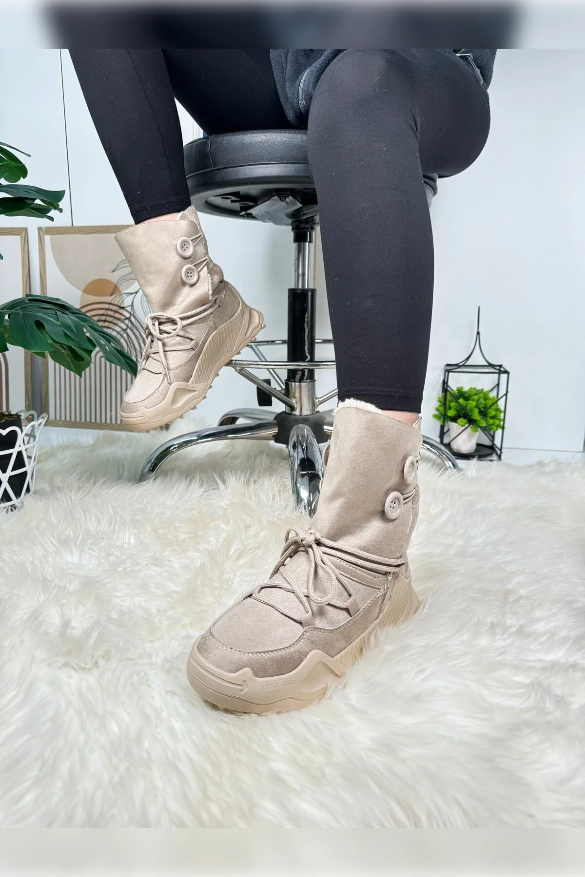 چکمه و بوت های جیر زنانه روزانه IMERSHOES زمستانی با دکمه خزدار داخل کفش بند دار بدون لغزش زیره بلند Allyup
