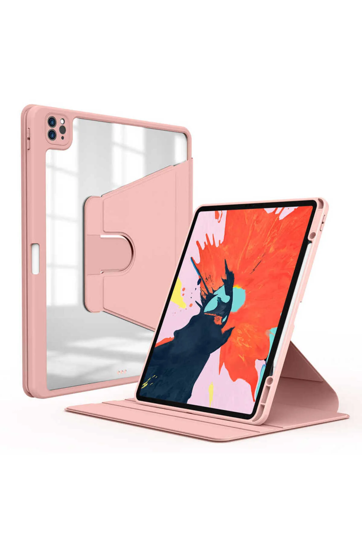 کاور تبلت IPAD PRO 11 نسل چهارم CASE 360 ​​قاب پایه پلاستیکی دوار صورتی ekılıf