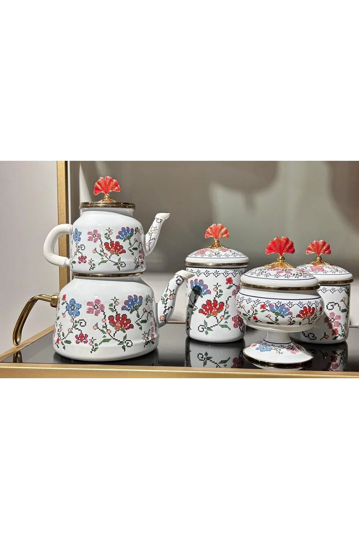 کتری قوری (چای‌ساز سنتی) سفید مینا Caydanlik Set Piraye 4 Lu  Miss Betty