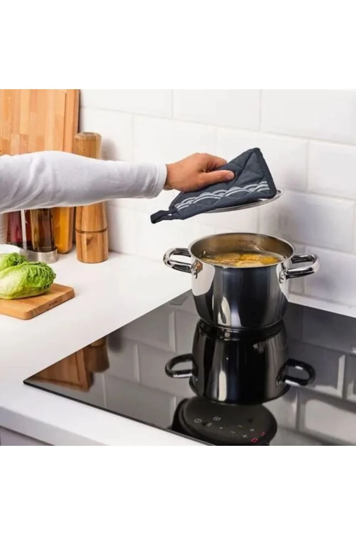 پیش‌بند و دستکش فر خاکستری پارچه خشک کن سفید قرمز سانتی متر IKEA