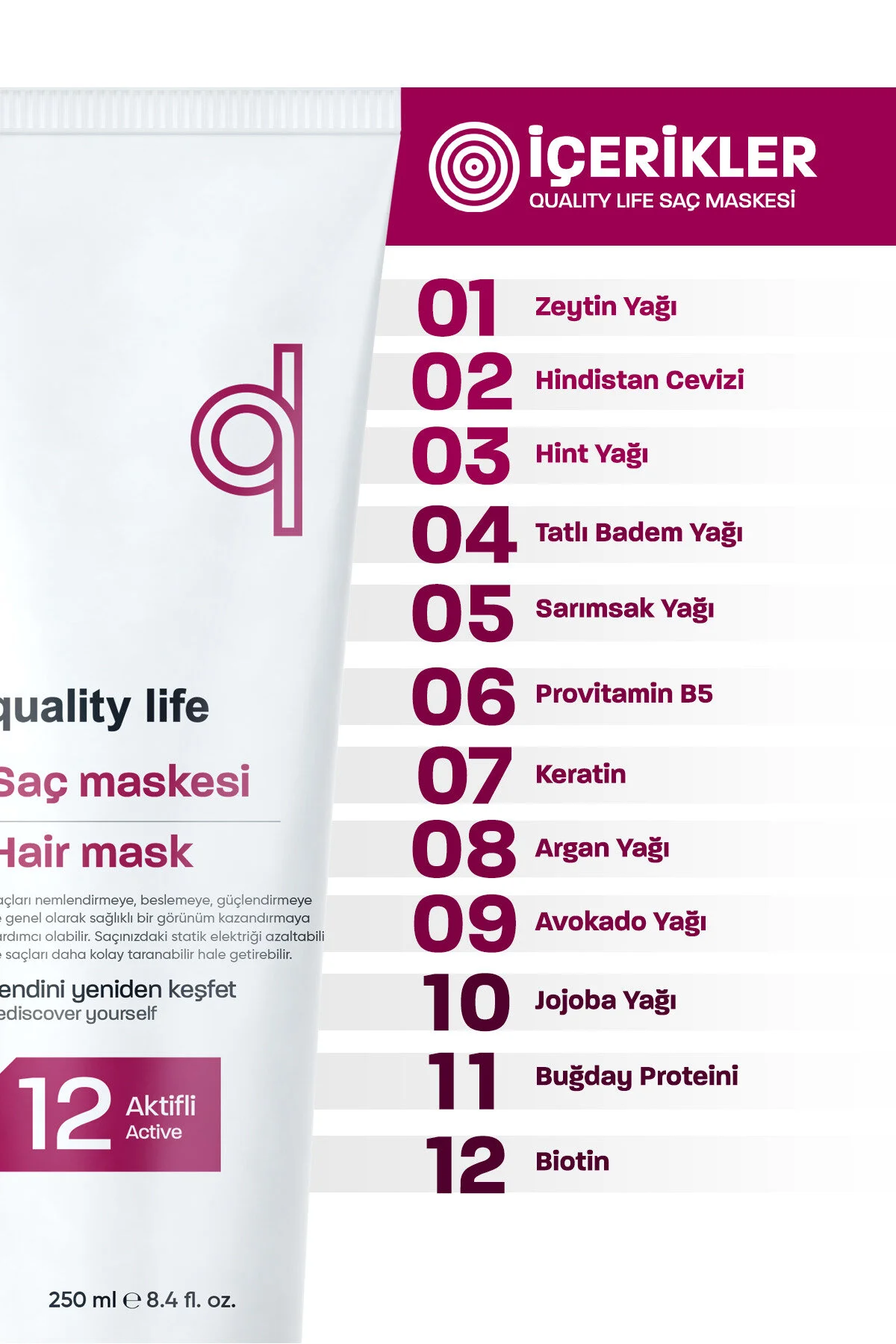 ماسک موی مرطوب کننده و ترمیم کننده با 12 عملکرد برای موهای آسیب دیده و خشک 250 میلی لیتر Quality Life