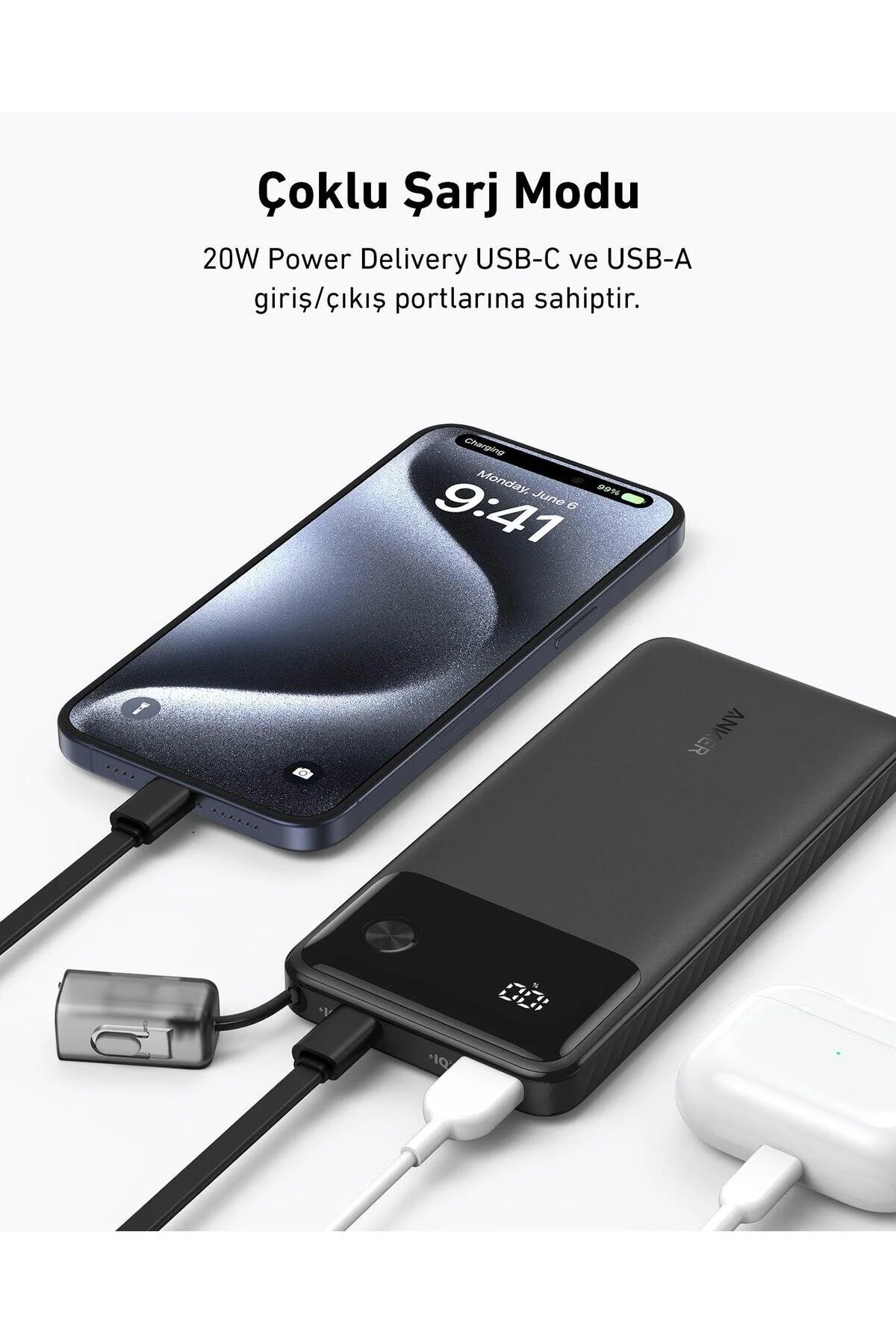 پاوربانک شارژر سریع قابل حمل POWERCORE 10000 MAH کابل USB C 22,5W مشکی A1388 اورجینال Anker