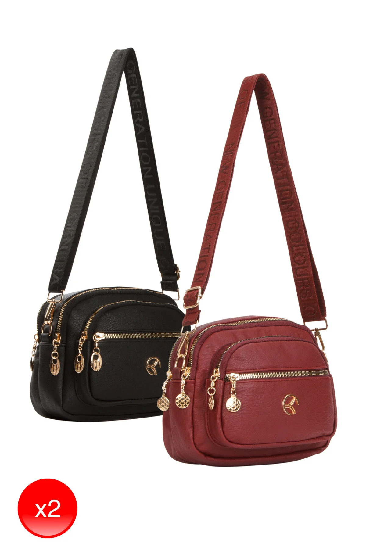 کیف شانه ای زنانه صلیب روزانه مشکی و قرمز کلارت 2 تیکه Adelina Bags