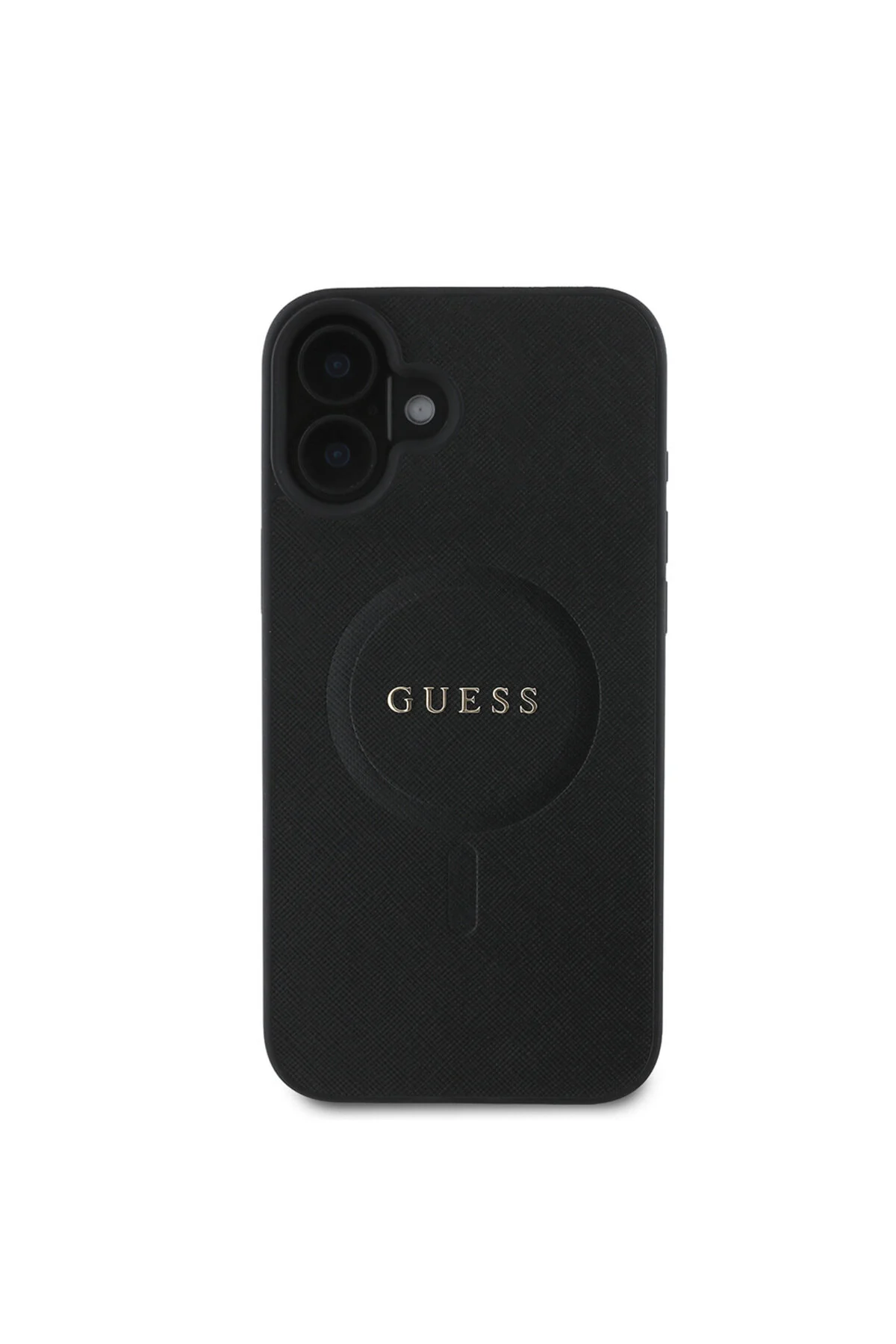 کاور و قاب سازگار آیفون 16 GUESS دارای مجوز شارژ MAGSAFE مشکی SAFFIANO کلاسیک با لوگوی متنی Guess