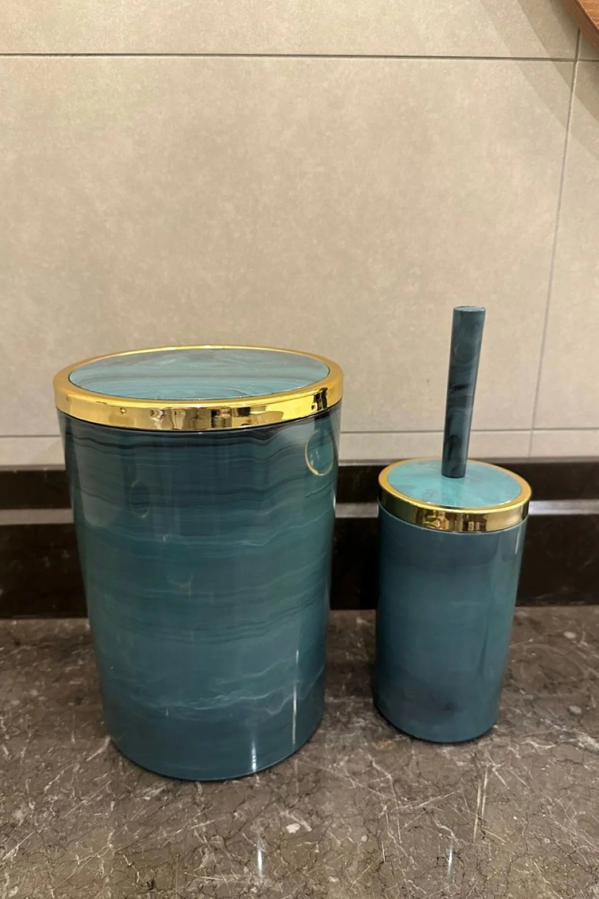 ست حمام سبز سرویس بهداشتی مجموعه 5 زباله اکریلیک برس Wc صابون مایع مسواک دستی جزئیات رنگ طلا  Makri