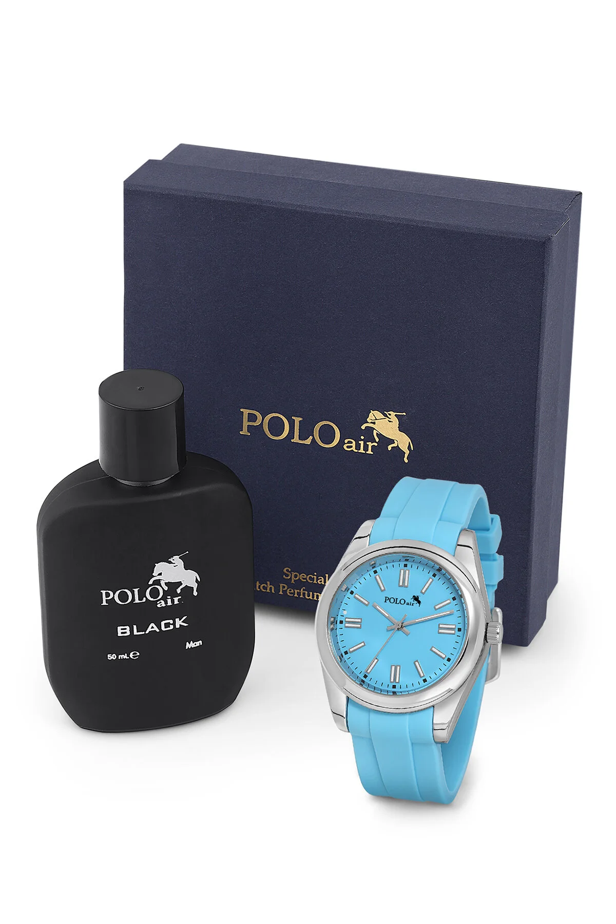 ست ساعت مردانه مچی مردان سیلیکونی و مجموعه عطر GOULERS ترکیب رنگ آبی نقره ای PL polo air