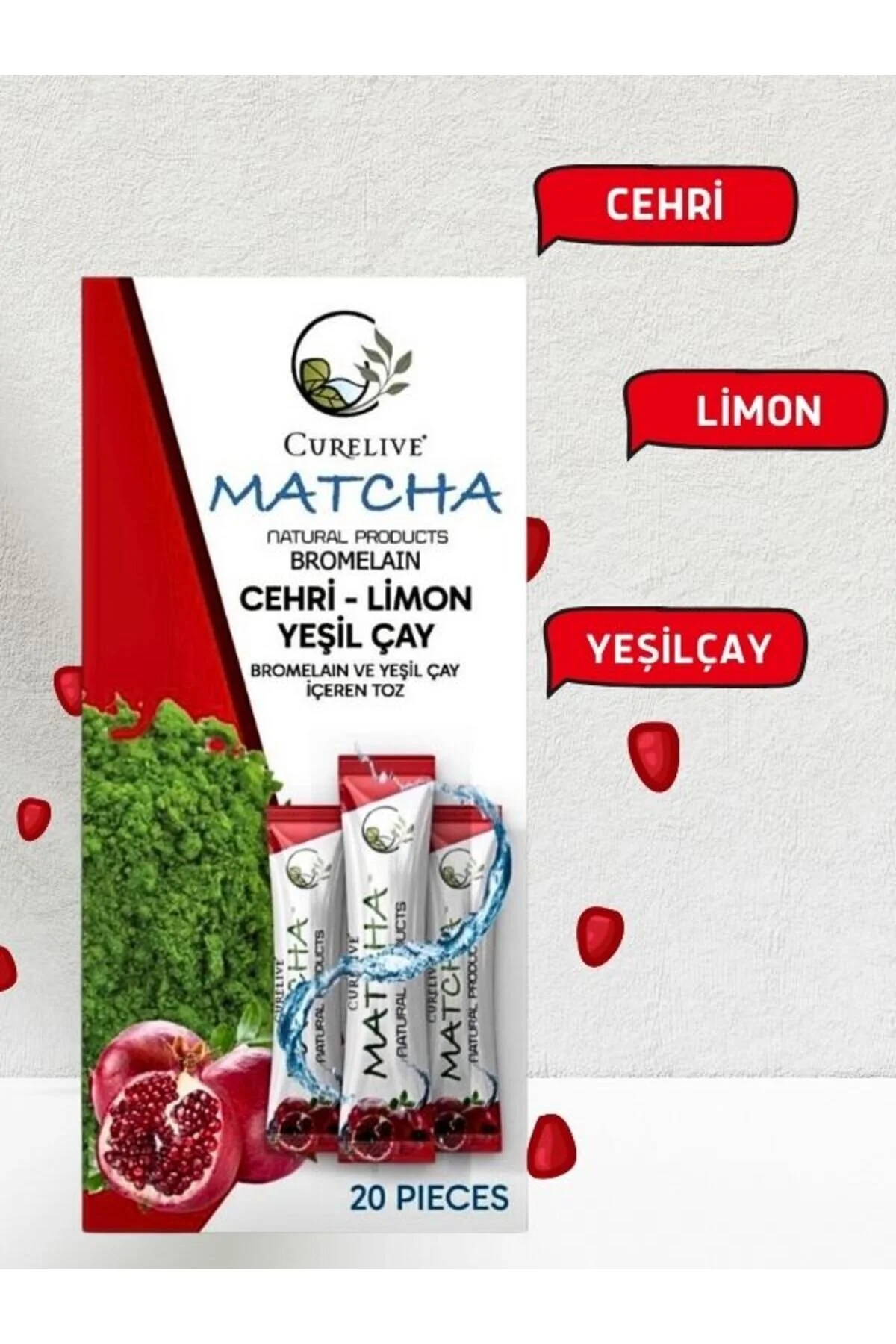 سایر دمنوش های گیاهی CURELIVE MATCHA DETOX انار با طعم اسپیرولینا L CARNITINE BROMELAIN MATE aleyna baharat