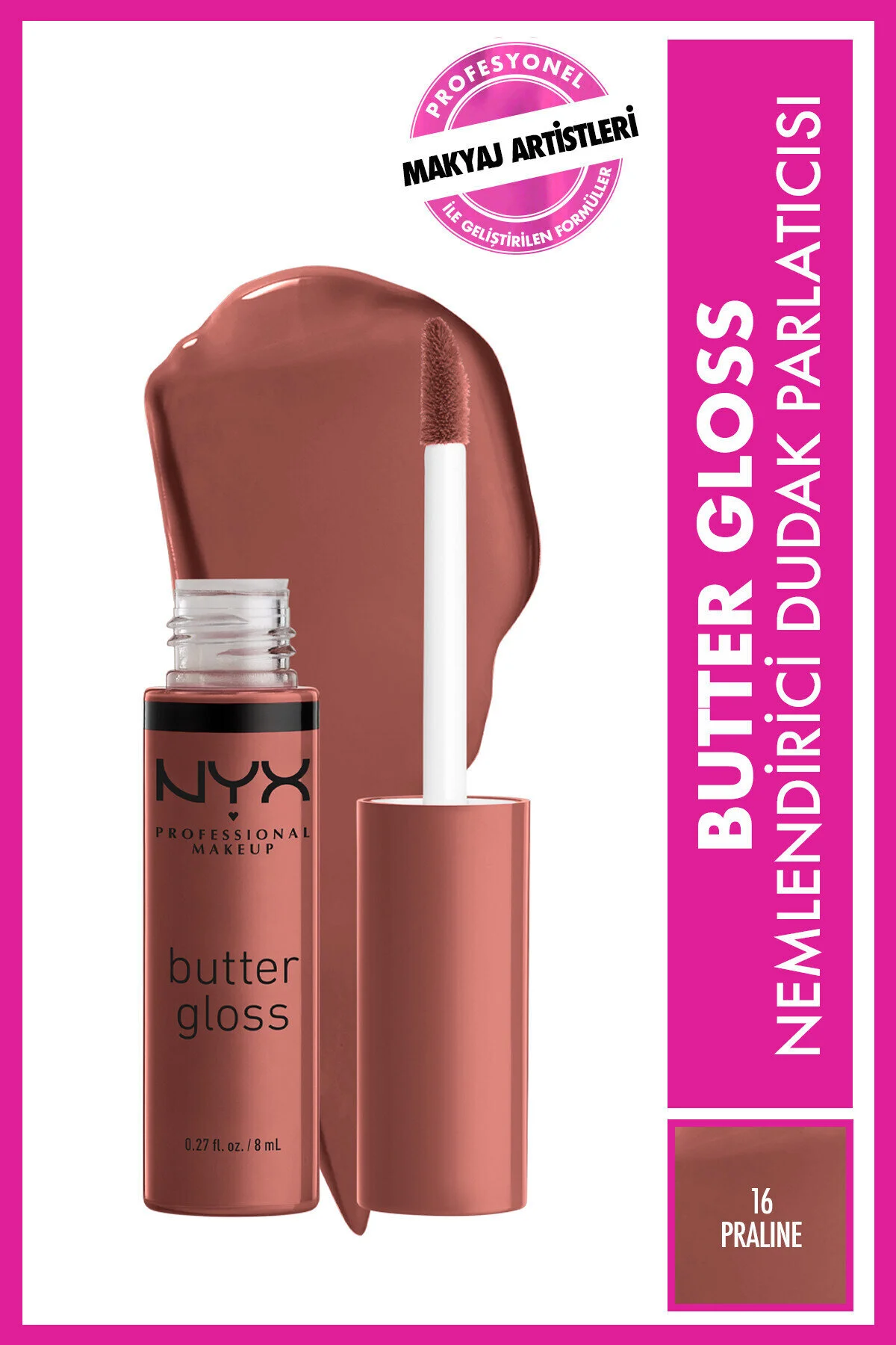 برق لب باتر گلاس پرالین Butter Gloss Praline مدل praline حجم 8 میل  نیکس NYX