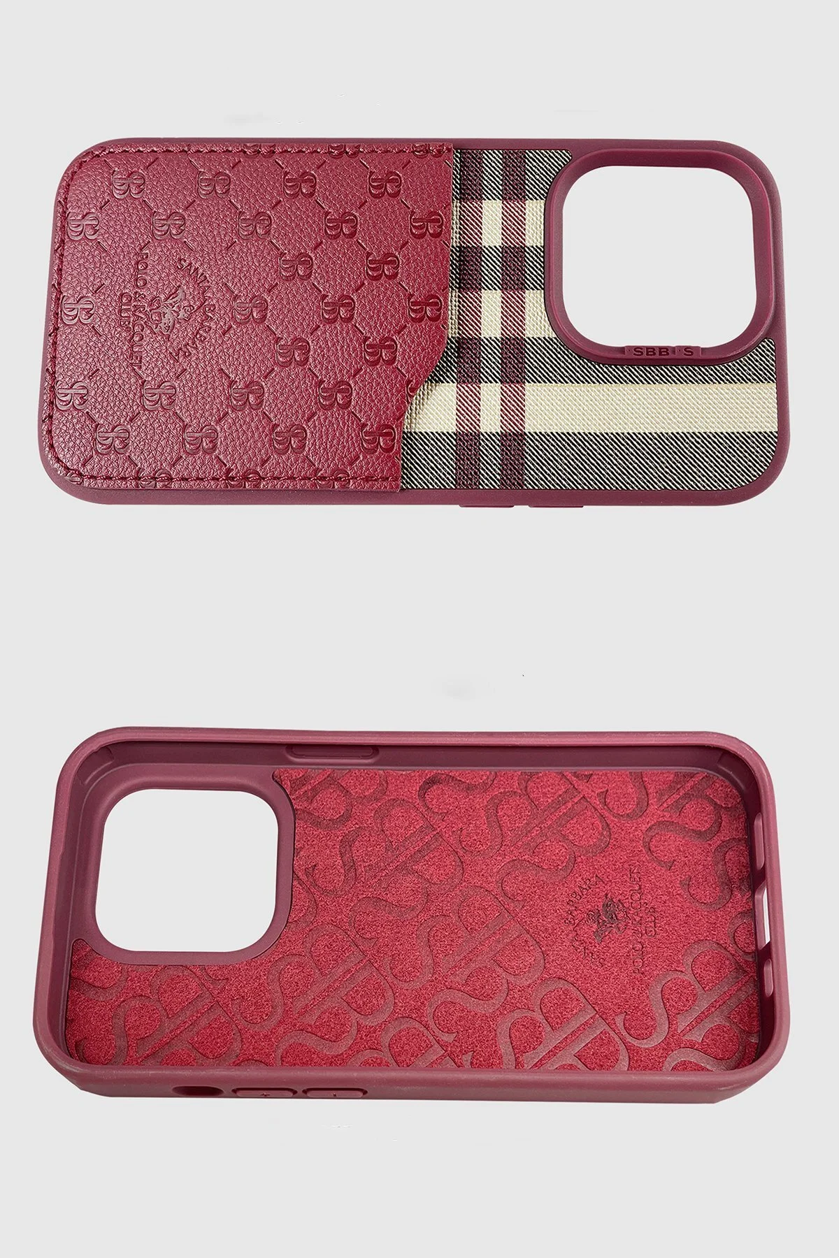 کاور و قاب SBPRC IPHONE 13 PRO MAX COMPATIBLE CASE PLAID FABRIC PU چرمی طرح مربع با کارت ویزیت کیف پول Santa Barbara Polo Racquet Club