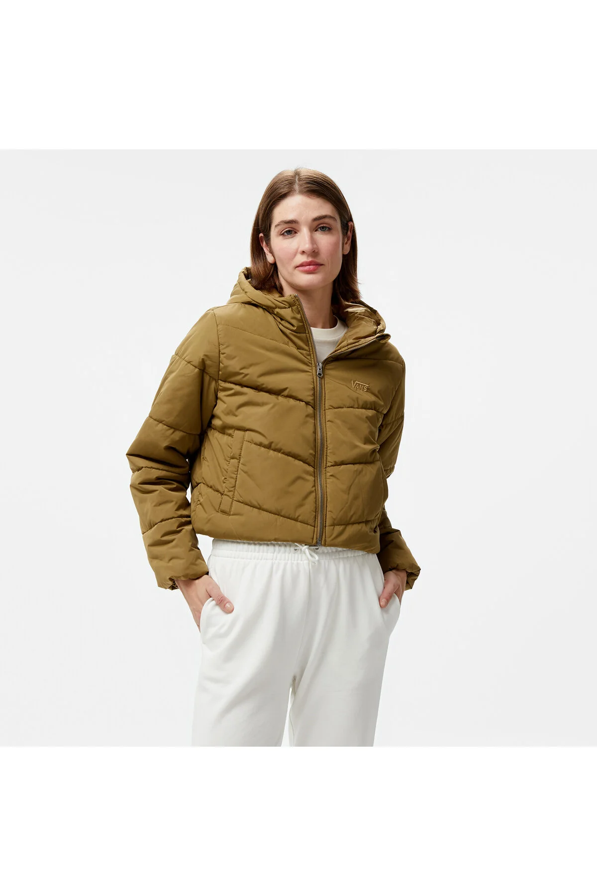 کاپشن زنانه ونس Mte Foundry Crop Puff Hood رنگ خاکی Vans