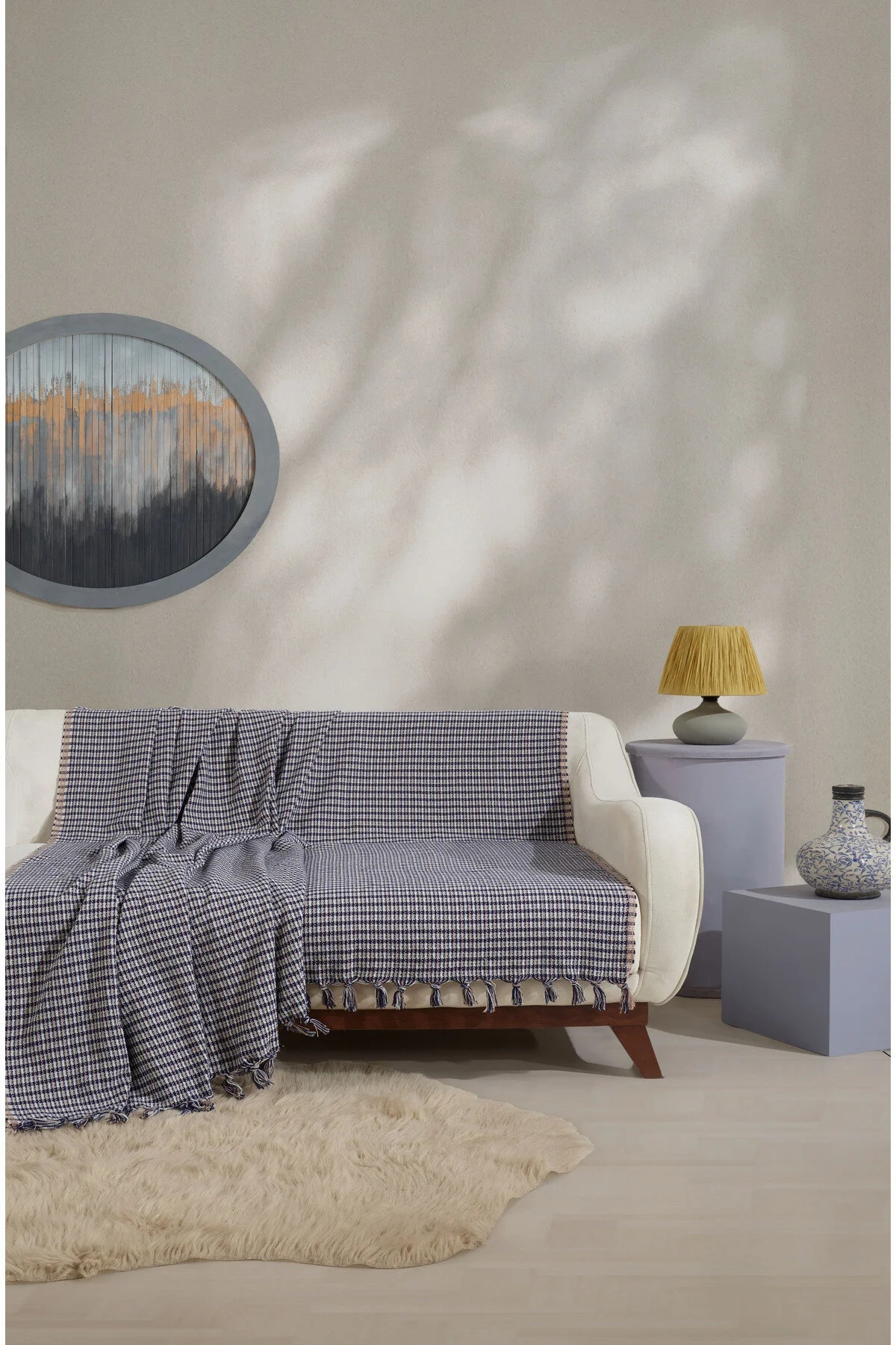 روکش مبل LUNA NAVY BLUE & BEIGE PLAID COVER 180 200 سانتی متر تختخواب Lux Touch