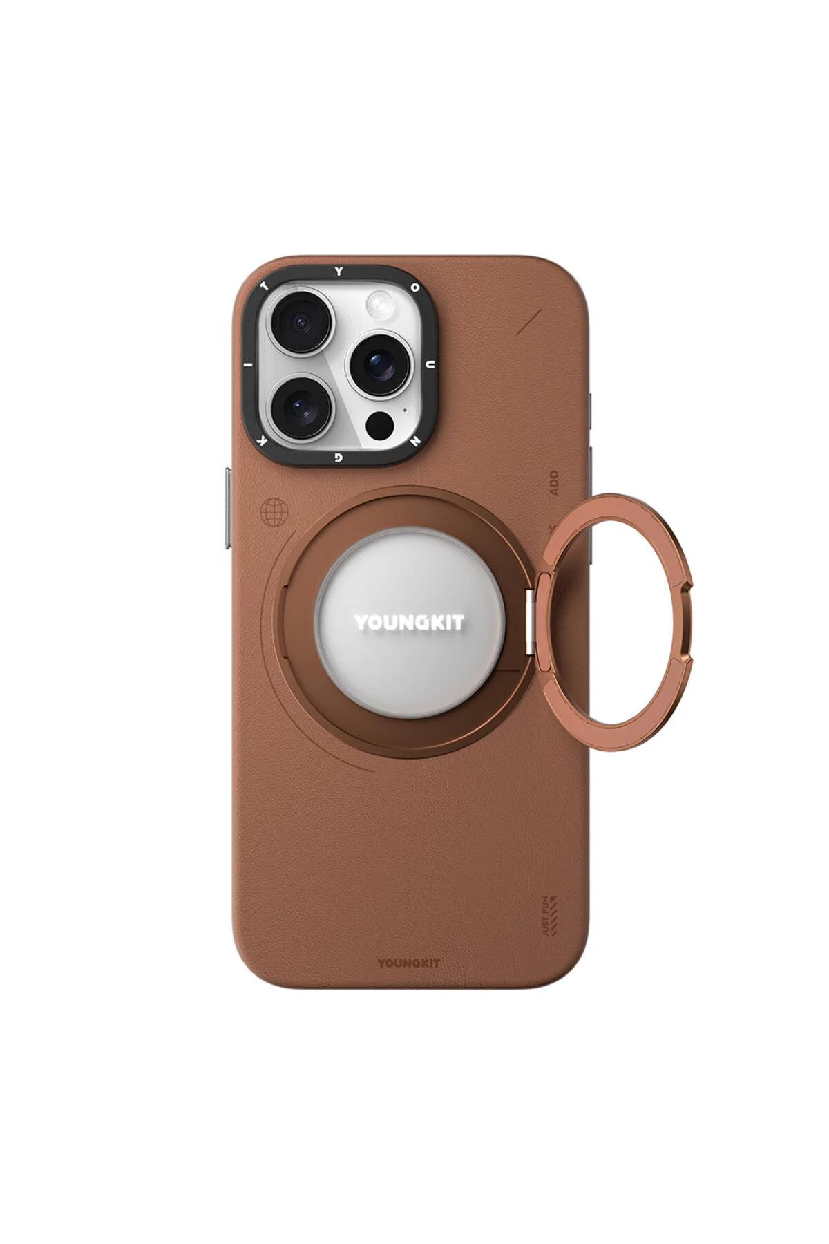 کاور و قاب آیفون 15 پرو با ویژگی MAGSAFE 360 ​​پایه چرم طرحدار YOUNGKIT TECH چرمی SERIES BROWN Youngkit