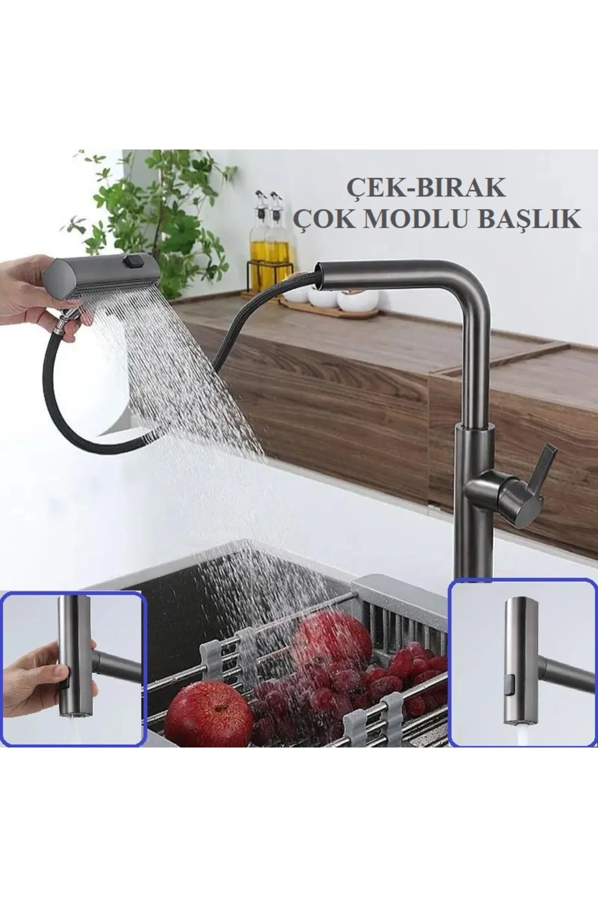شیرآلات شستشو میکسر سینک ظرفشویی آشپزخانه آنتراسیت چند حالته با اسپرینتر SPIRAL PULL DROP HEAD RENA DESIGN