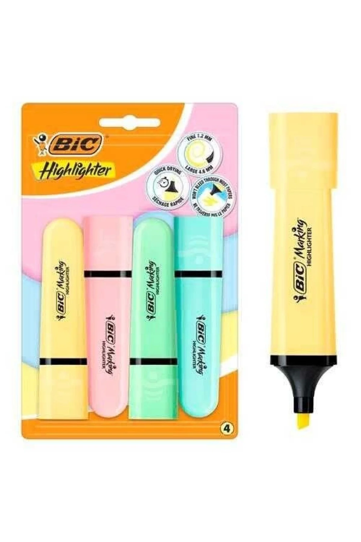 ماژیک هایلایت چند رنگ علامت گذاری پاستیل مسطح 4 بیک Bic