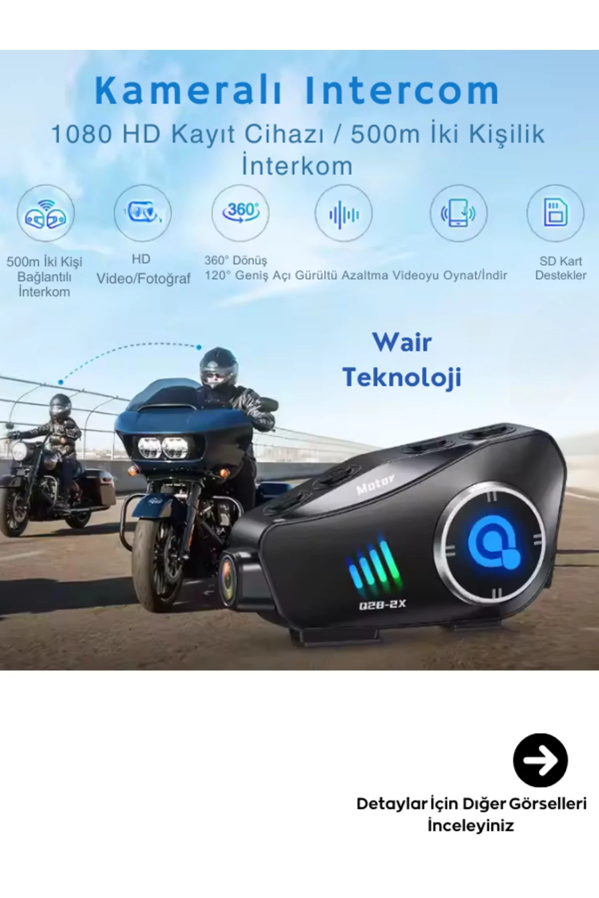اینترکام Q28 2X دوربین موتور سیکلت بلوتوث INTERCOMPROOF 1080P HD ضبط رانندگی Wair Teknoloji