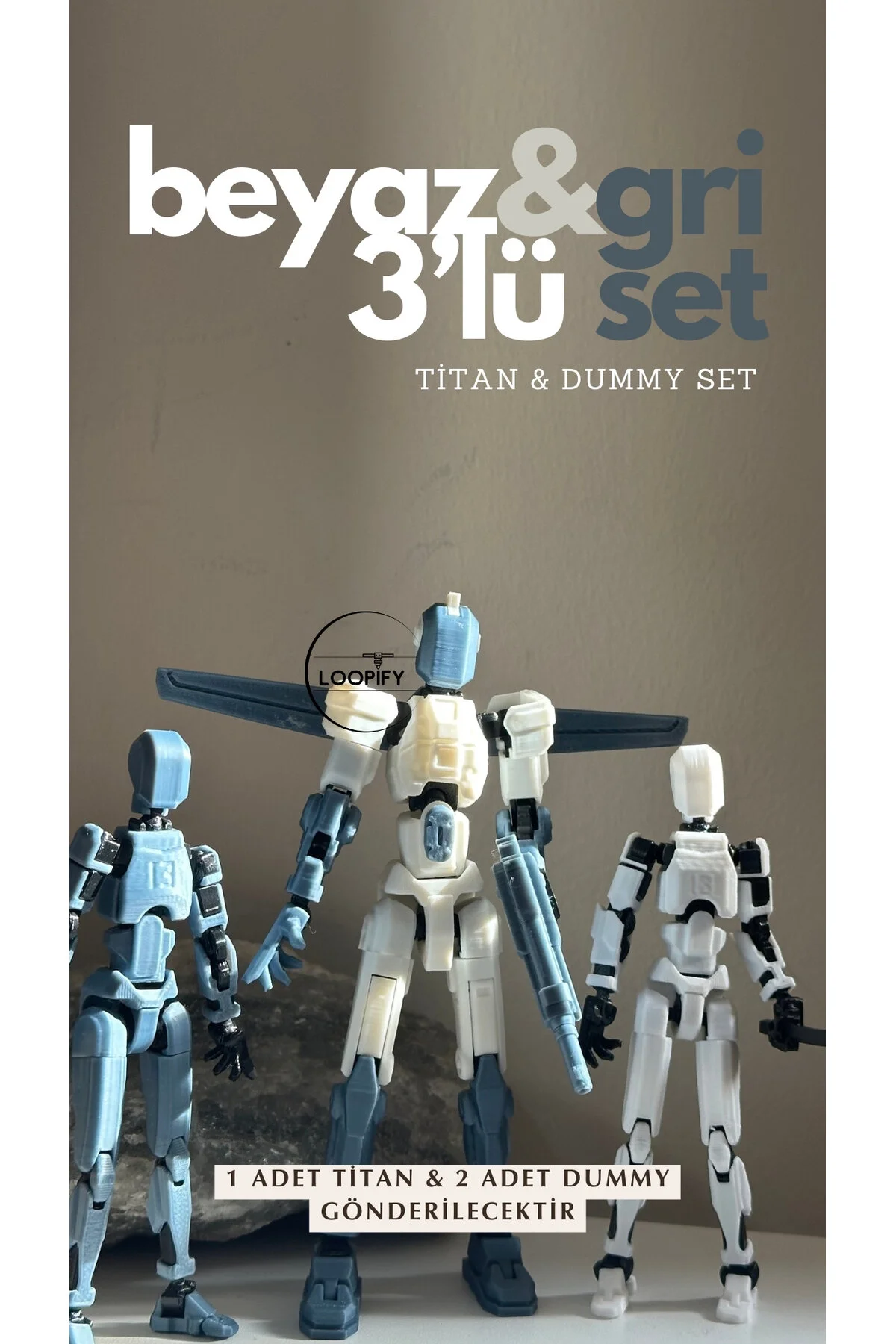 اسباب بازی های فیگور دیگر مجموعه ربات اکشن TITAN 13 3 تایی سفید و خاکستری & LUCKY Loopify