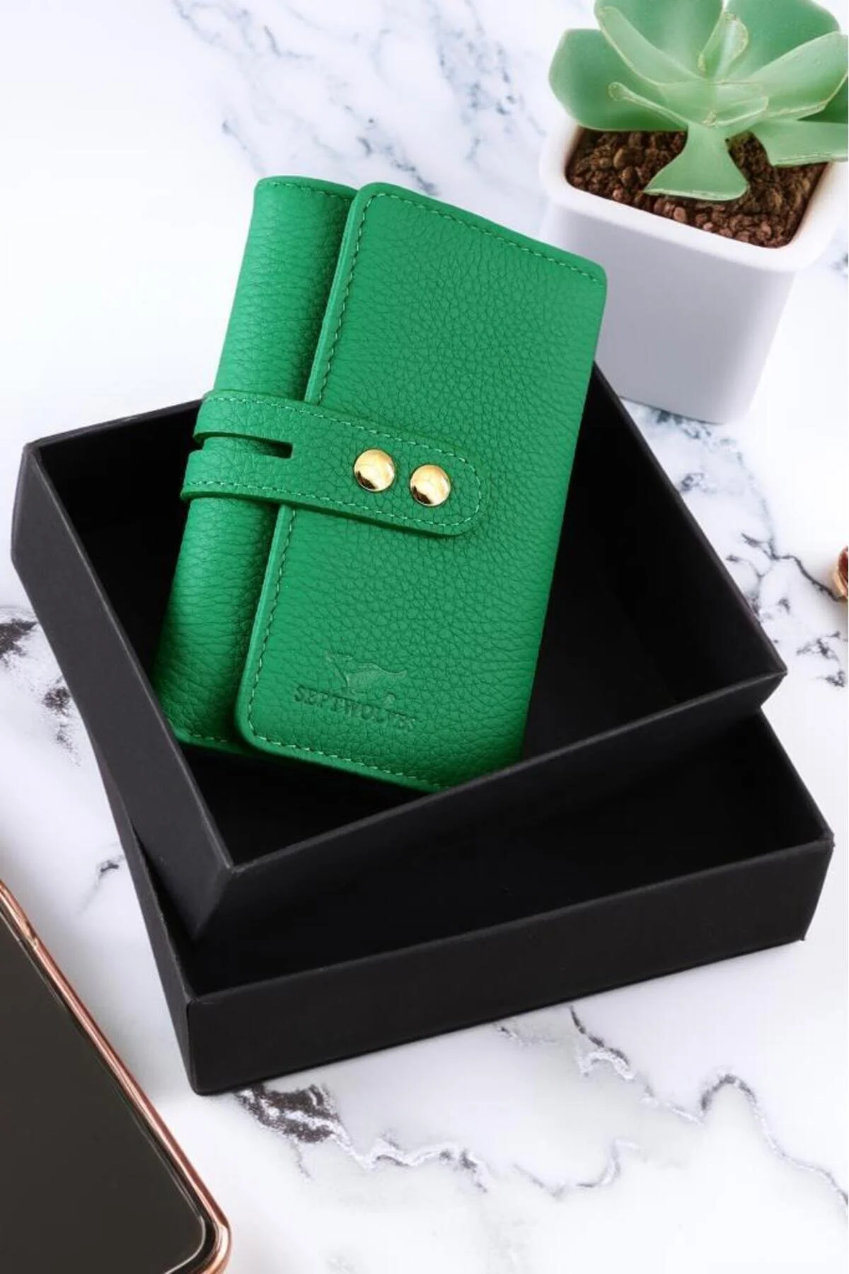 کیف پول سبز زنانه کارت اصلی چرم طلای دقیق و در حال وقوع است SEPTWOLVES