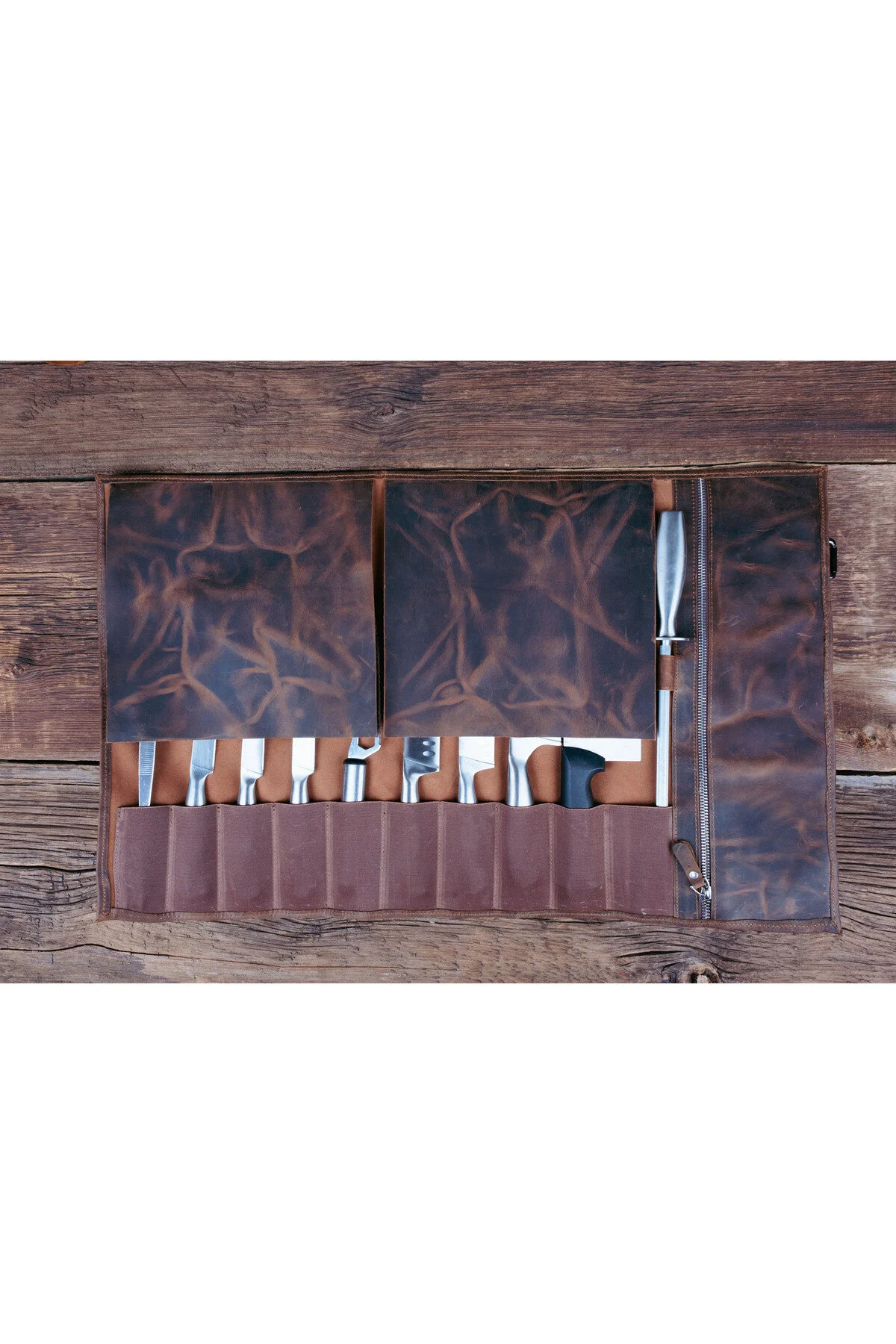 چاقو و ست کیف چاقوی چرمی سرآشپز کیسه طبخ طبل تیره  saraci leather craft