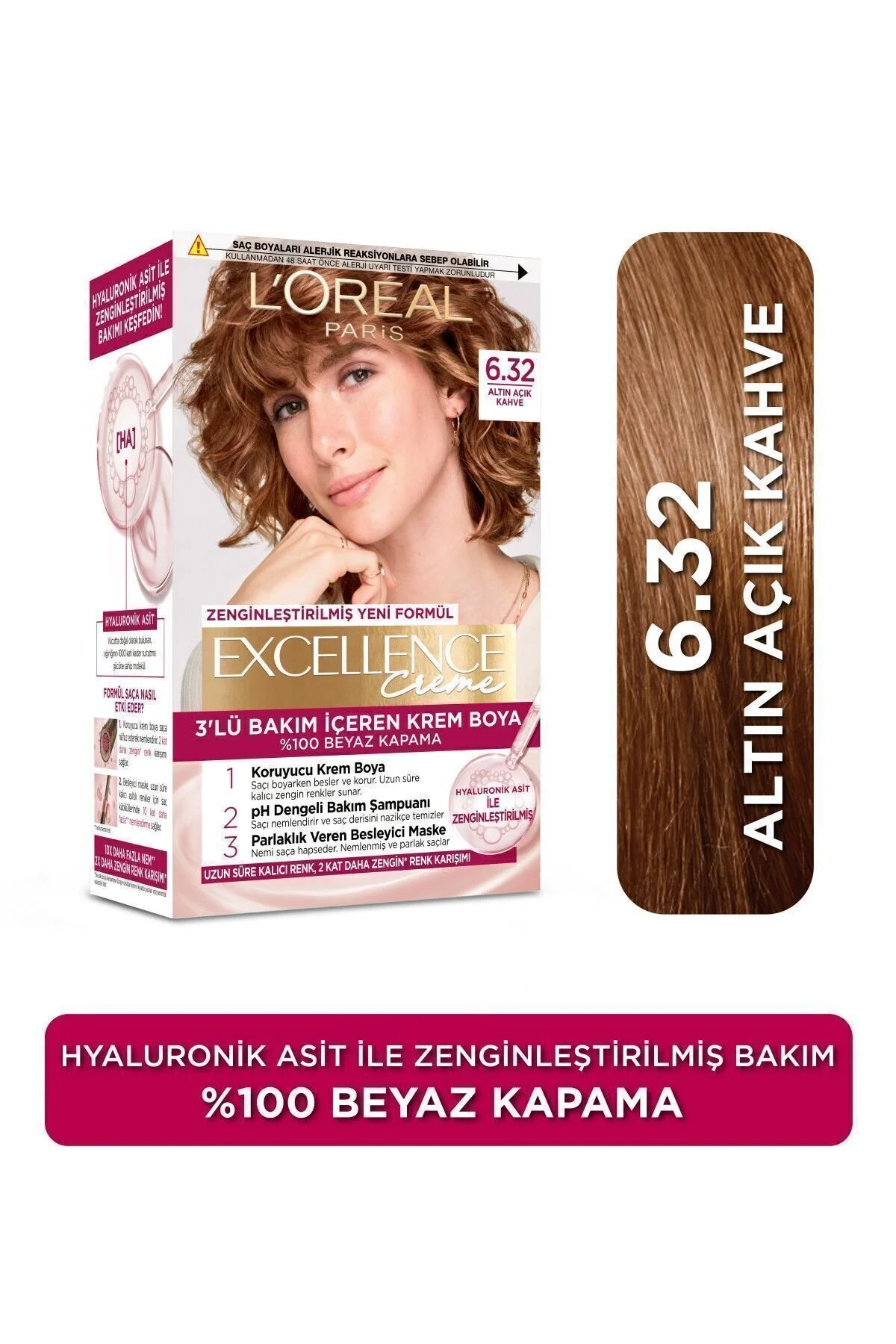 L'Oreal Paris رنگ مو کرم 100% پوشش موهای سفید Excellence رنگ قهوه ای طلایی روشن شماره 6.32