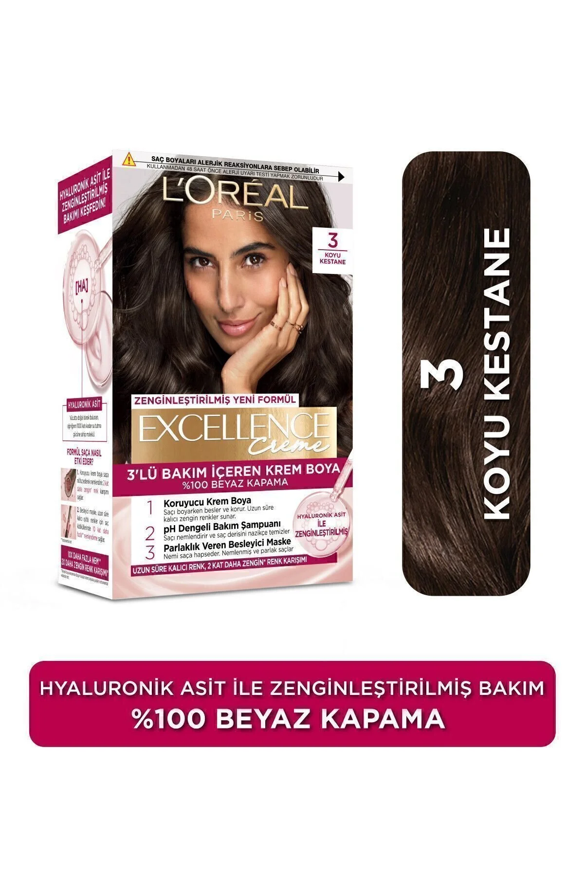 L'Oreal Paris رنگ مو کرم 100% پوشش موهای سفید Excellence رنگ شاه بلوطی تیره شماره 3