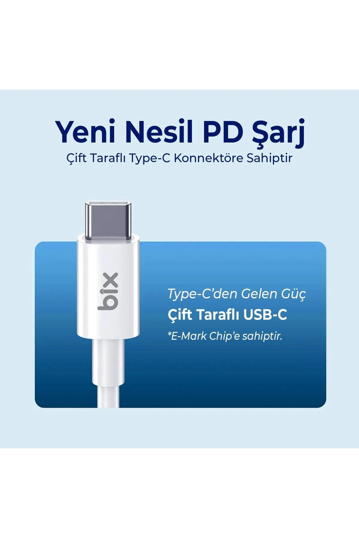 کابل شارژ 5 گیگابایت در ثانیه E MARK CHIP TYPE C به PD و داده 2 متر سفید Bix