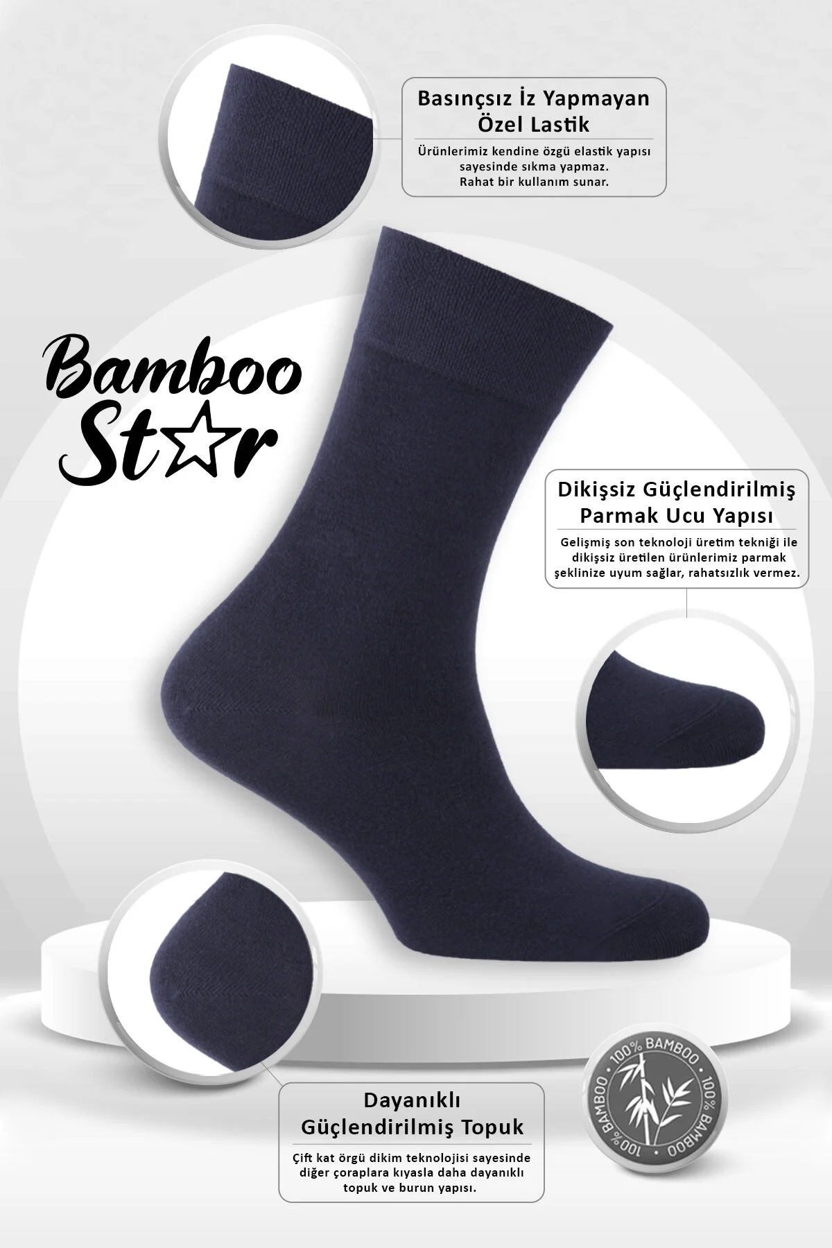 جوراب سوکت مردانه بامبو جوراب‌های 3 تکه بدون درز آبی سرمه‌ای ساده و بلند bamboo star