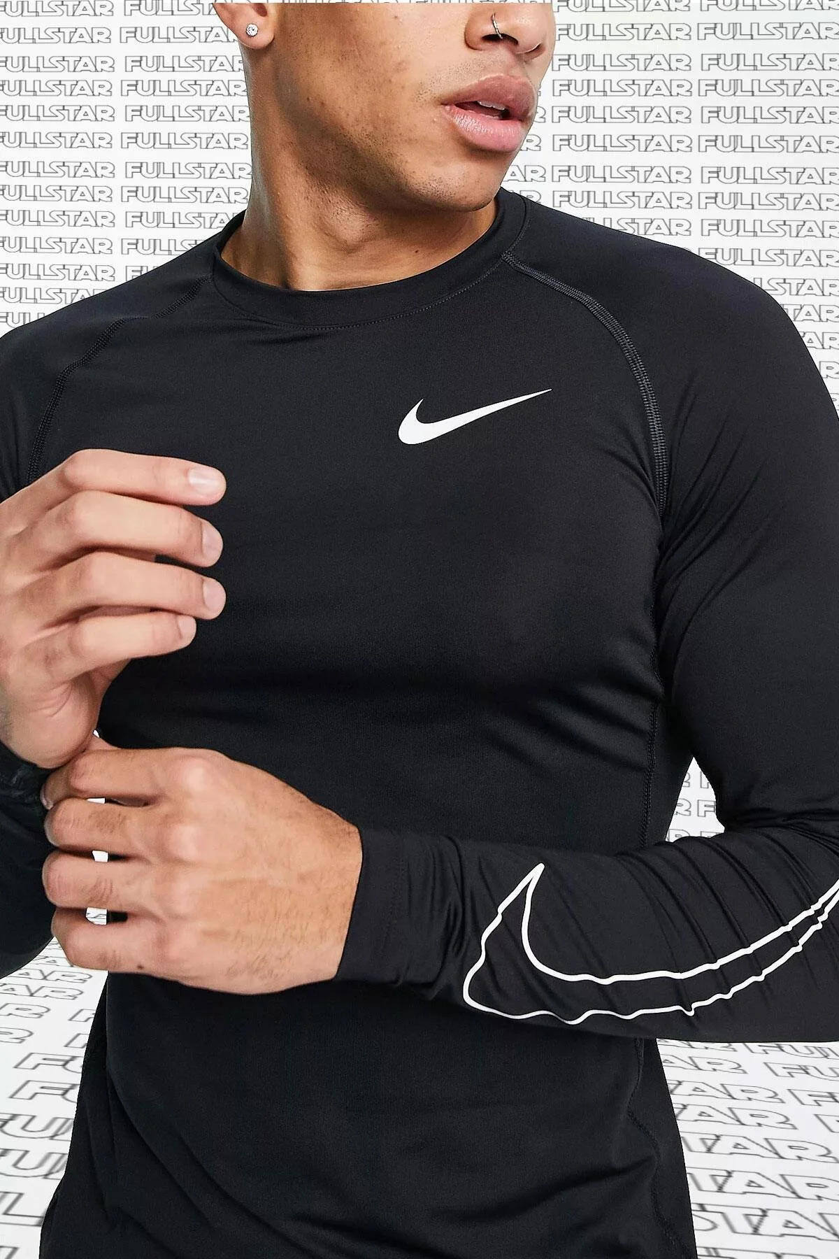 تی شرت ورزشی مشکی مردانه Pro Dri Fit Tight Slim آستین بلند بدن پیراهن نایک Nike