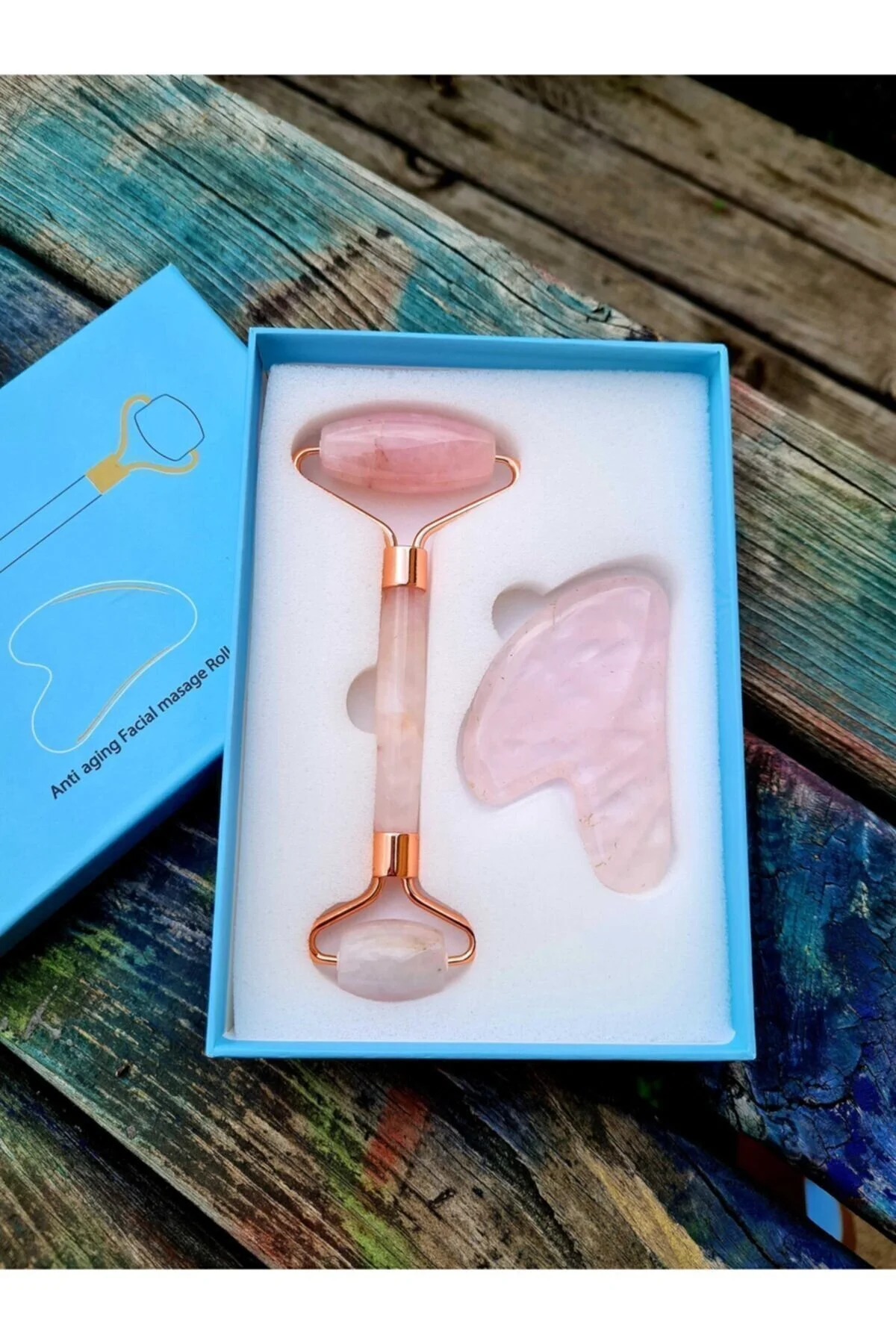 ماساژور صورت ماساژ کوارتز صورتی روللر و مجموعه GUA SHA طراحی قلب Doğal Taş Dünyası