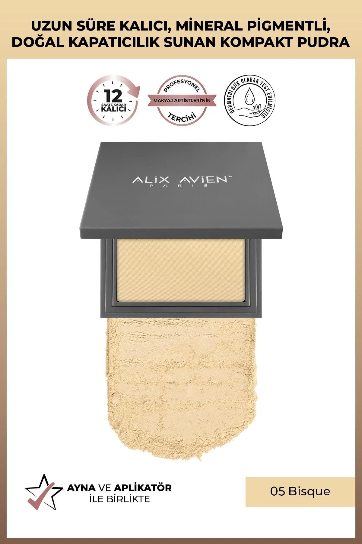 Alix Avien پودر فشرده با ثبات تا 12 ساعت پوست نرم رنگ پودر 05 بیسکو آلیکس آویان