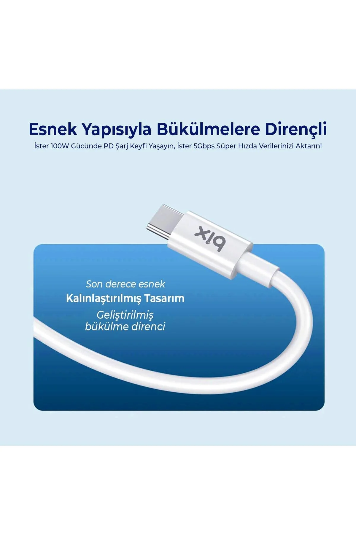 کابل شارژ 5 گیگابایت در ثانیه E MARK CHIP TYPE C به PD و داده 2 متر سفید Bix