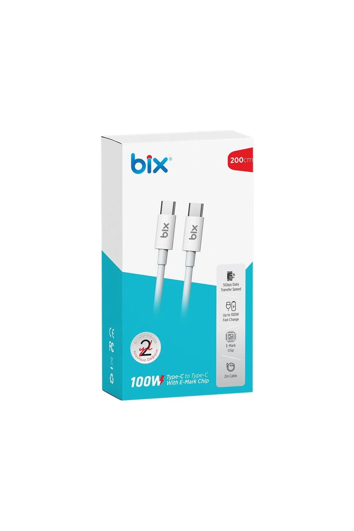 کابل شارژ 5 گیگابایت در ثانیه E MARK CHIP TYPE C به PD و داده 2 متر سفید Bix
