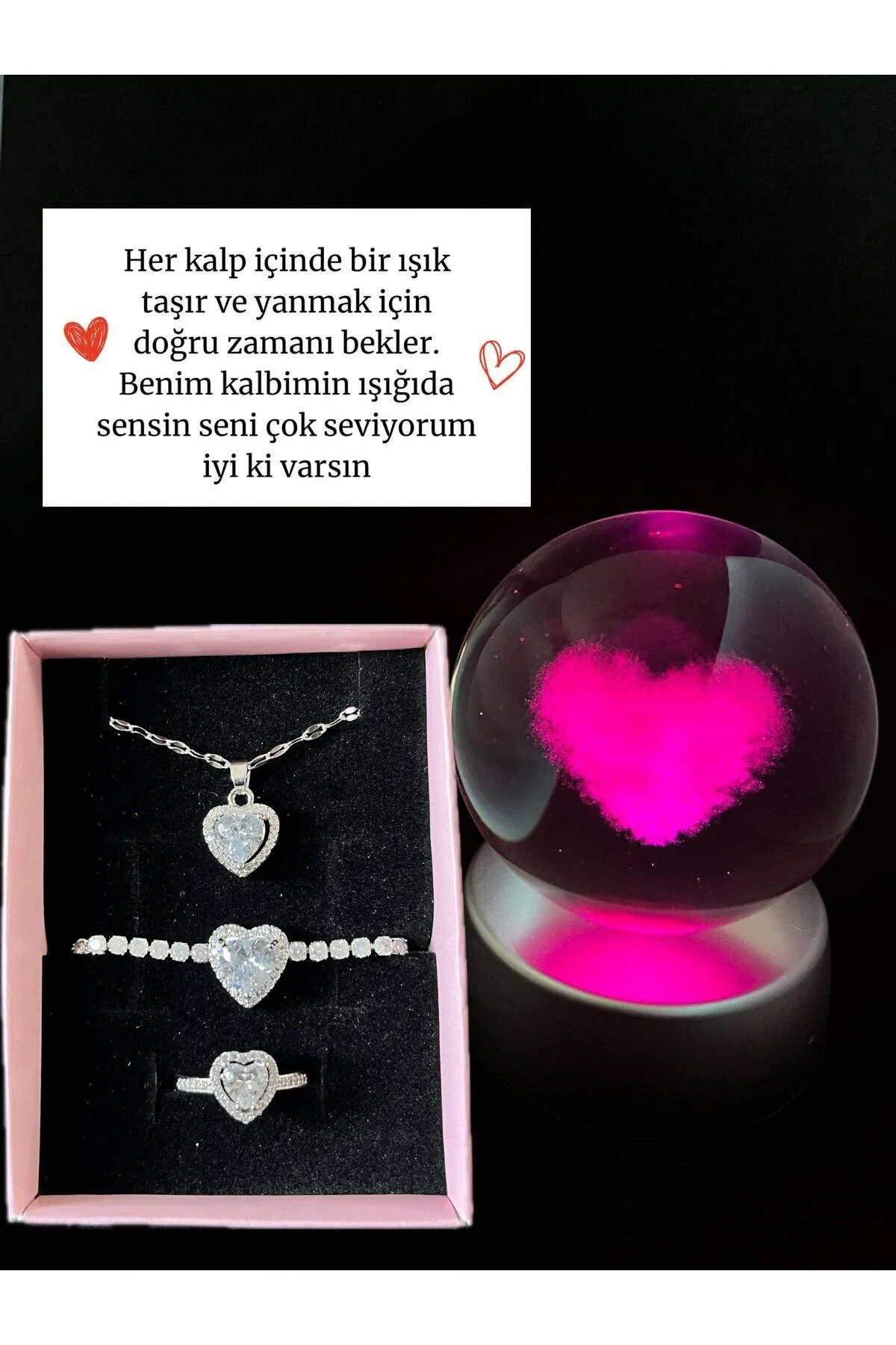 گوی برفی مجموعه 3 حلقه رابطه جدی LOVE GLOBE SNOW ILLUMINATED 14 فوریه هدیه روز ولنتاین از ترکیه Sepetten Eve