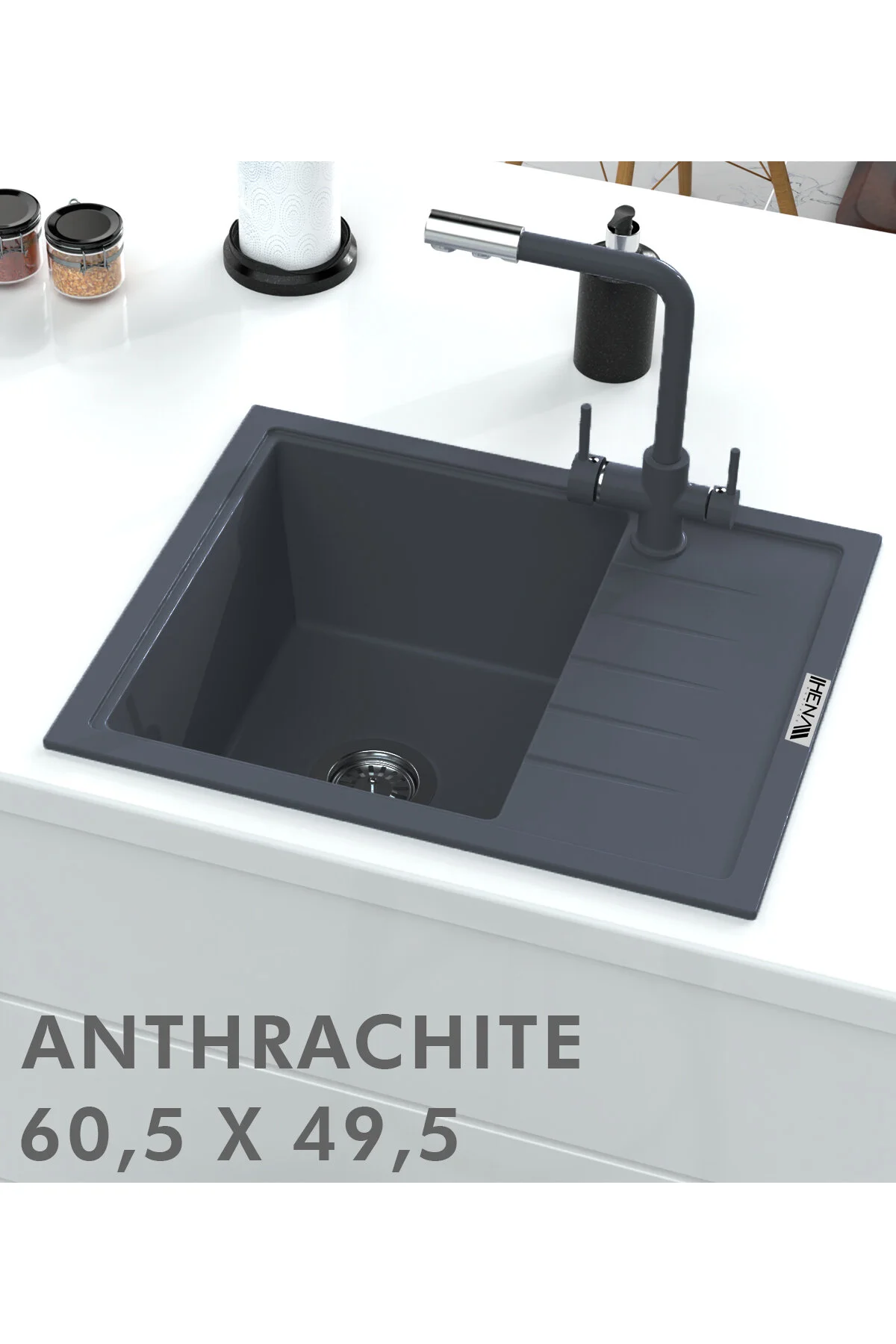 شستشو سینک گرانیت 1 کاسه با آبکش آنتراسیت 60X50 کوارتز HENASURFACE