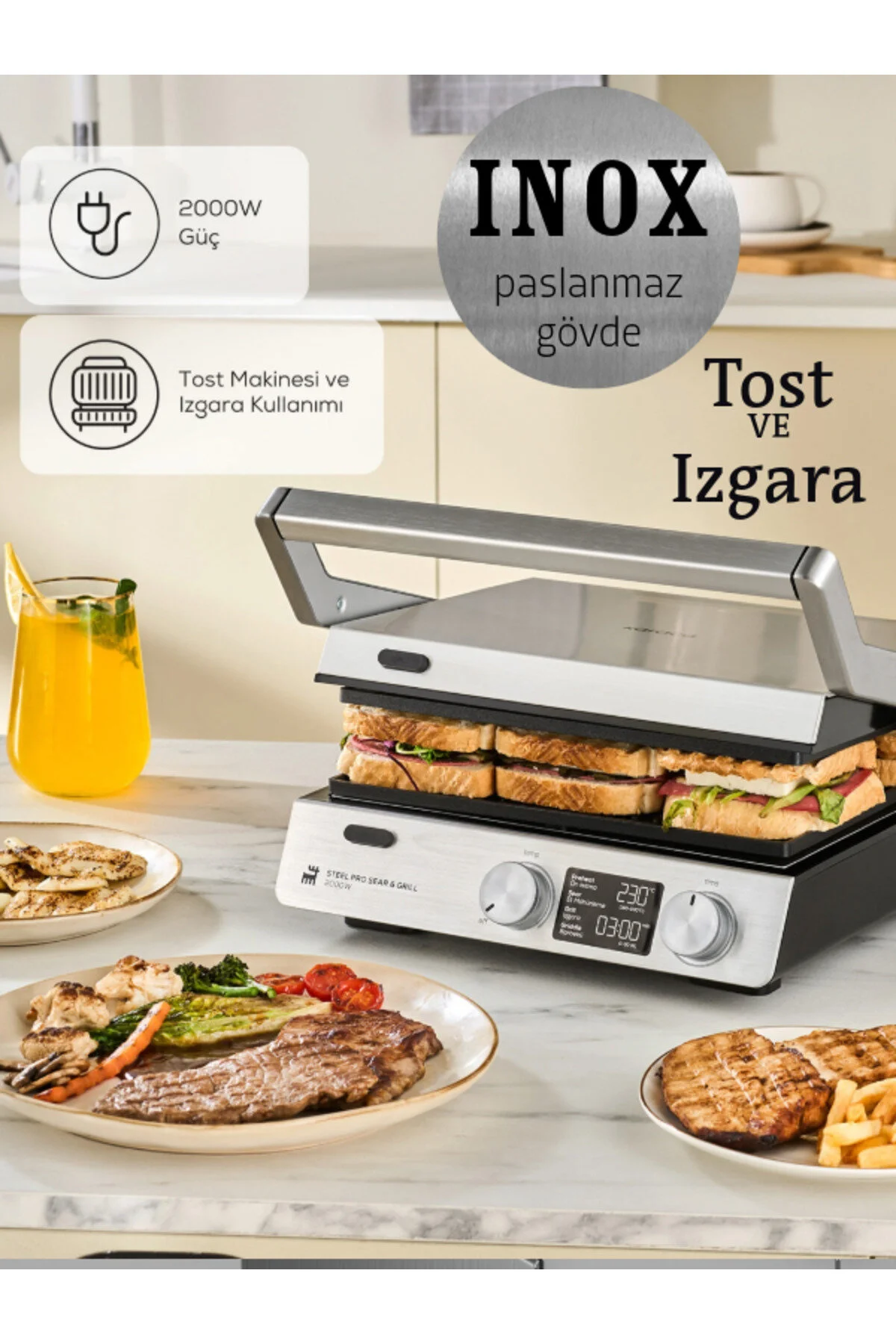 دستگاه ساندویچ و تست گریل توستر بدنه STEEL PRO SEAR INOX با صفحه ریخته گری تنظیم دیجیتال زمان دما اورجینال Karaca