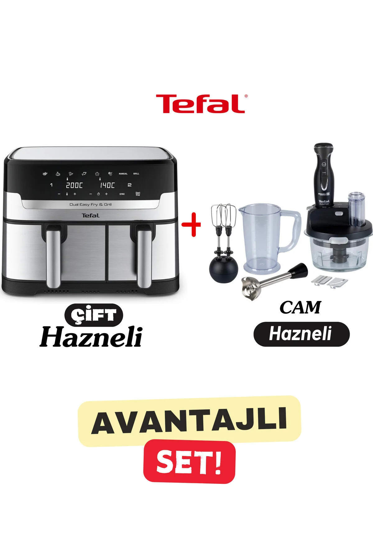 ست مخلوط کن هواکش ممتاز 8.3 لیتری خانواده دو محفظه + کاسه شیشه ای تفالین قوی ترین غذاساز اورجینال TEFAL