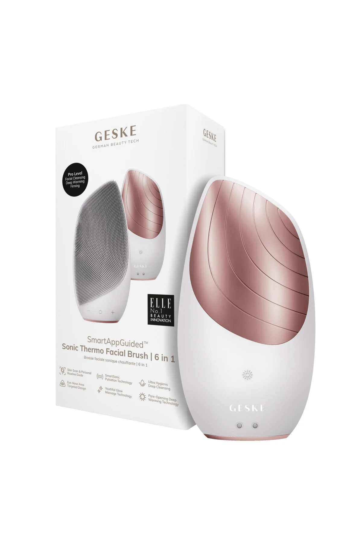 دستگاه شستشوی صورت سفید Smartappguided ™ Sonic Thermo Facial Brush 6 در 1 geske