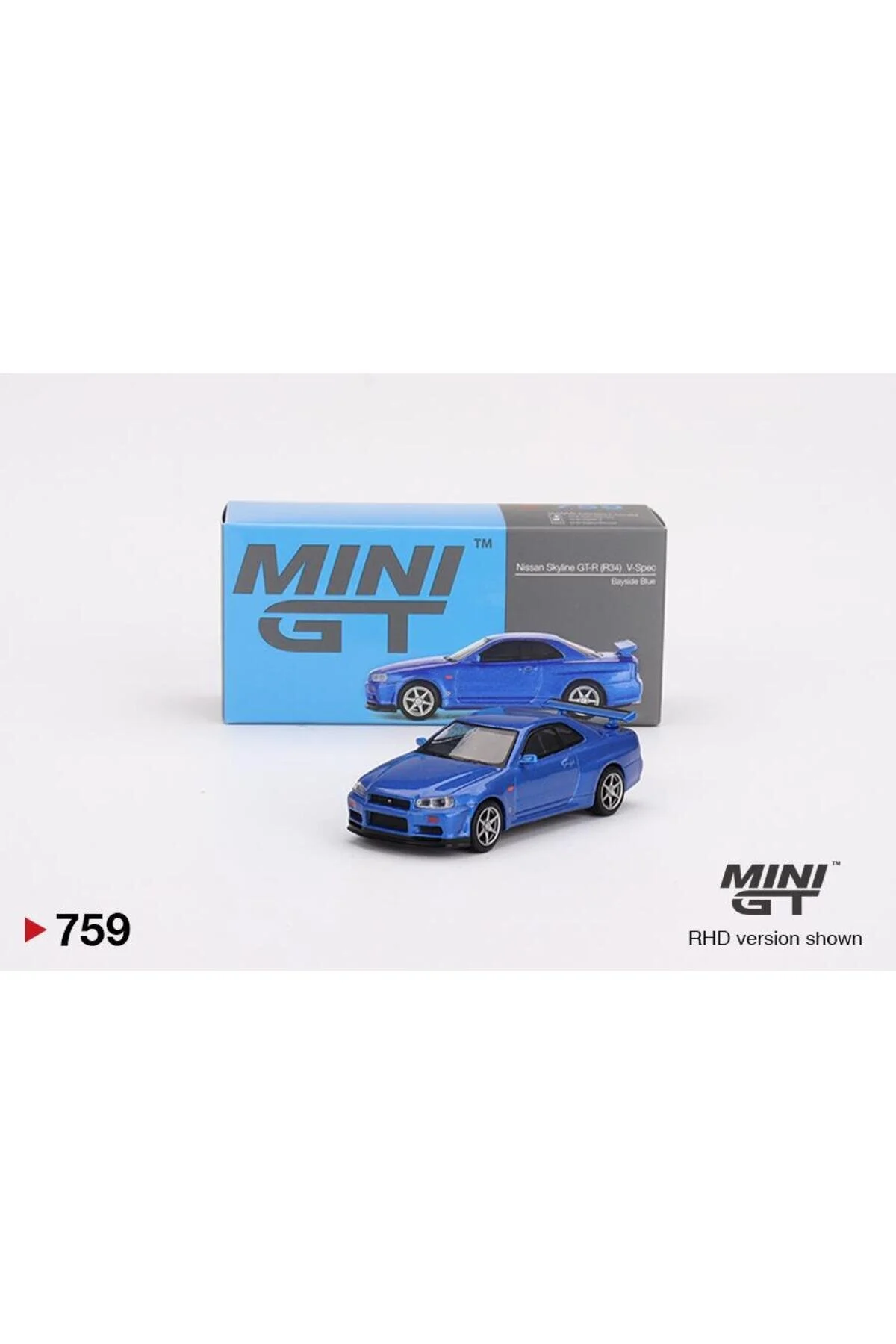 مدل خودرو نیسان اسکای لاین GT R R34 V SPEC BAYSIDE BLUE 759 اورجینال mini gt