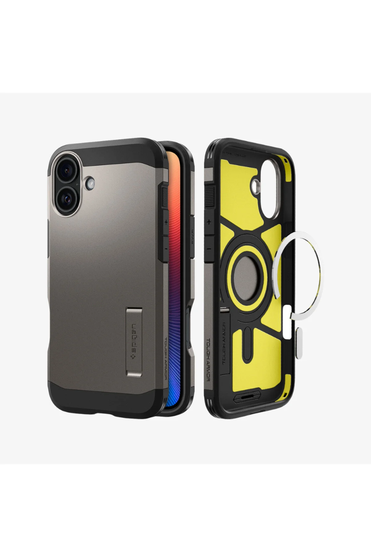 کاور و قاب IPHONE 16 CASE TOUGH ARMOR AI MAGFIT MAGSAFE با KICKSTAND GUNMETAL Spigen
