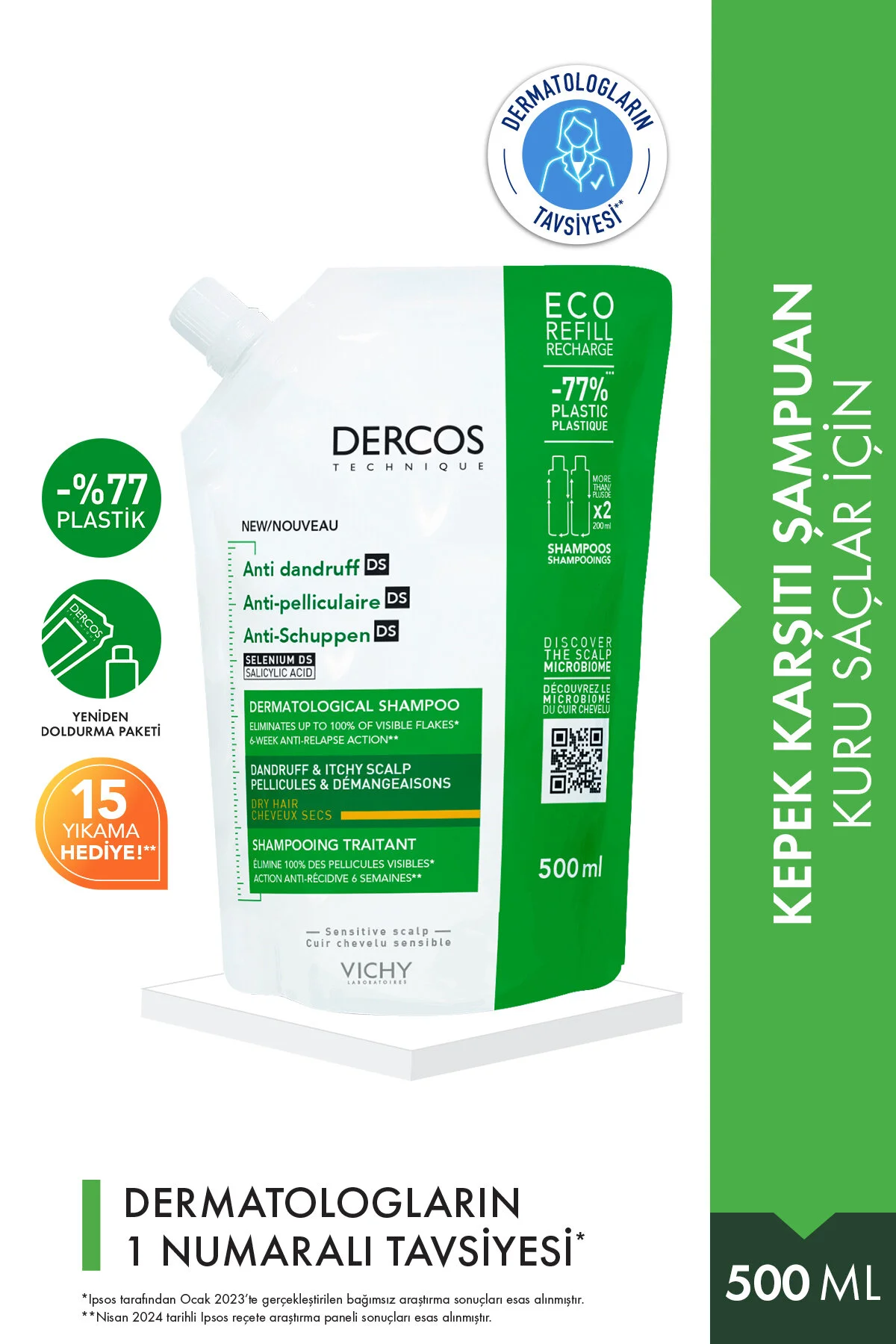 شامپو DERCOS ضد شوره درد موهای خشک بسته بندی مجدد 500 میل ویشی Vichy