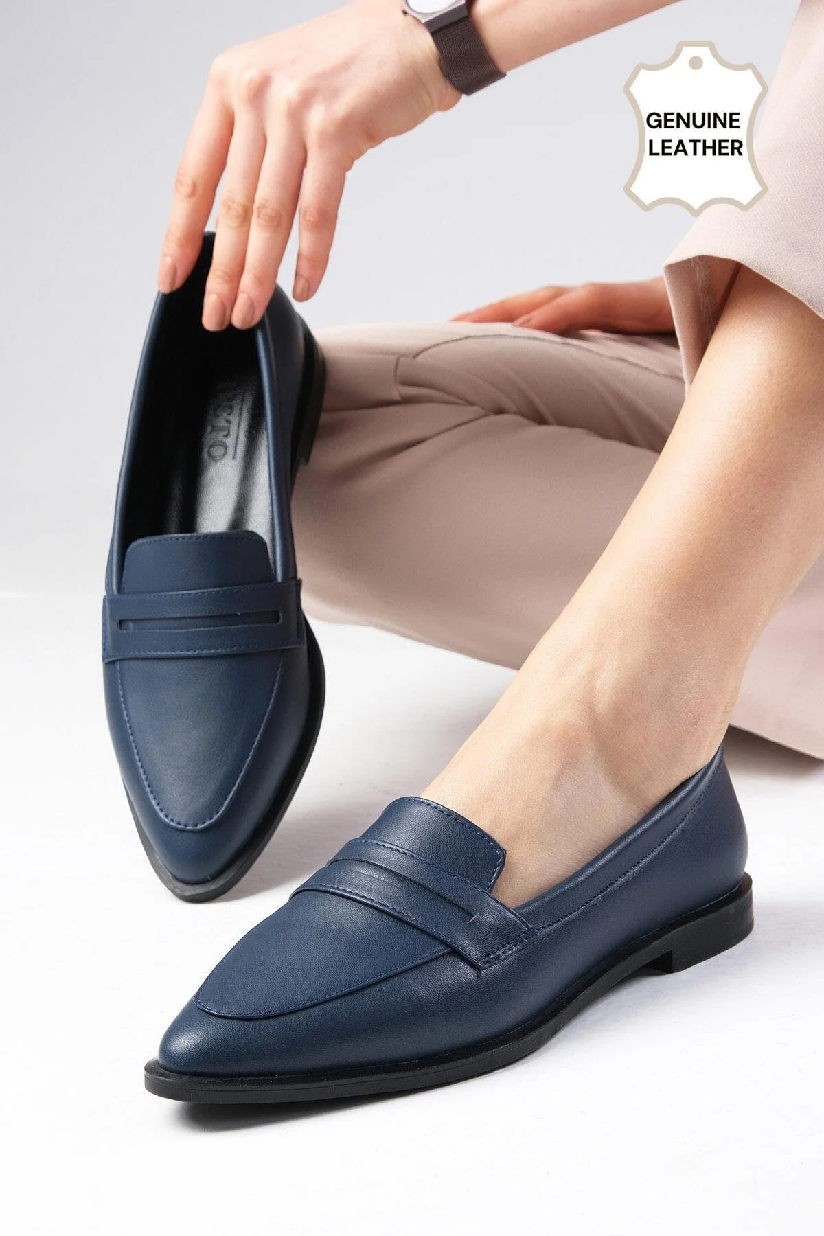 لوفر آبی زنانه رودخانه واقعی چرمی رنگ Loafer Daily Flat Mio Gusto