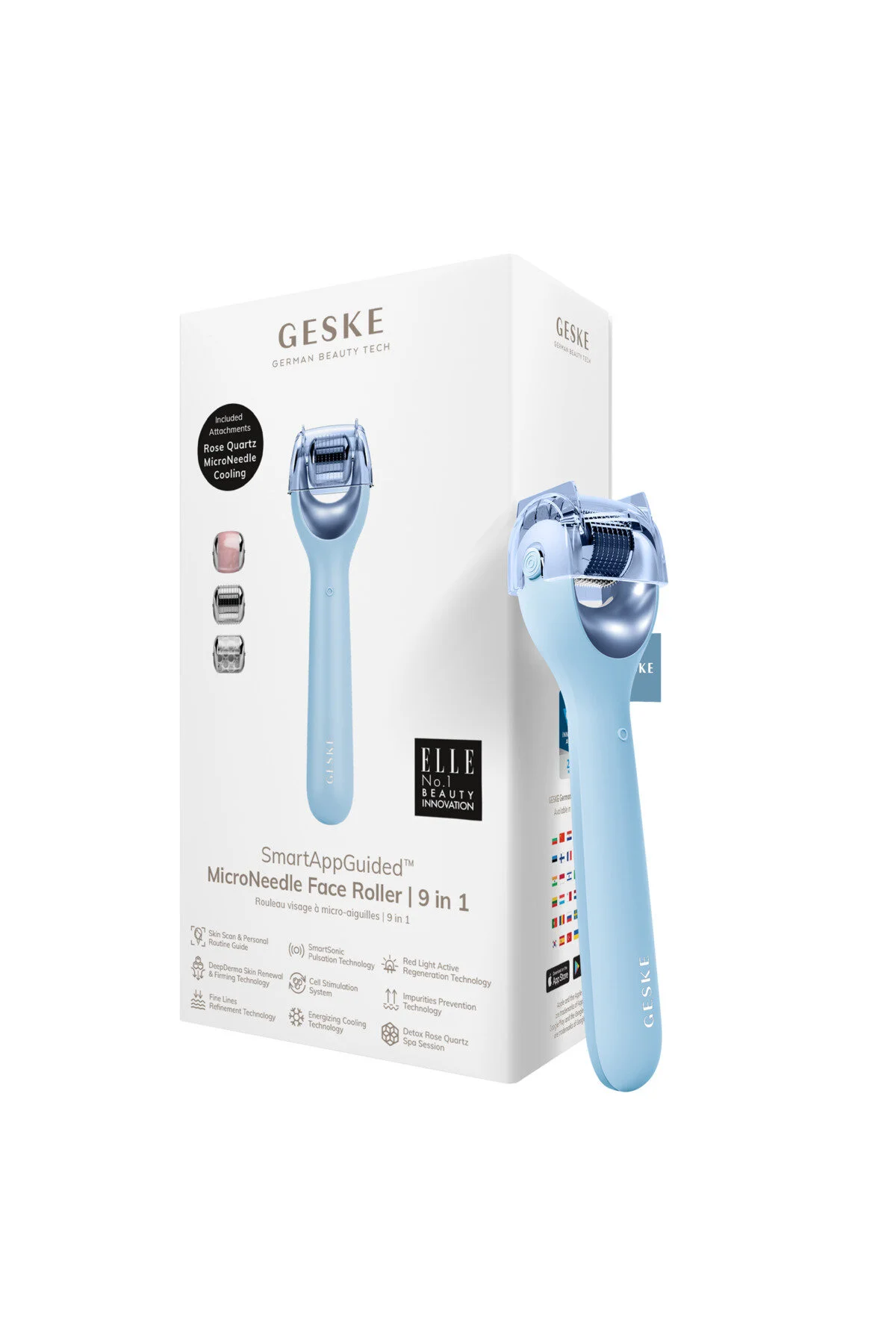 درمارولر آبی Smartappguided ™ Miconeedle Face Roller 9 در 1 geske