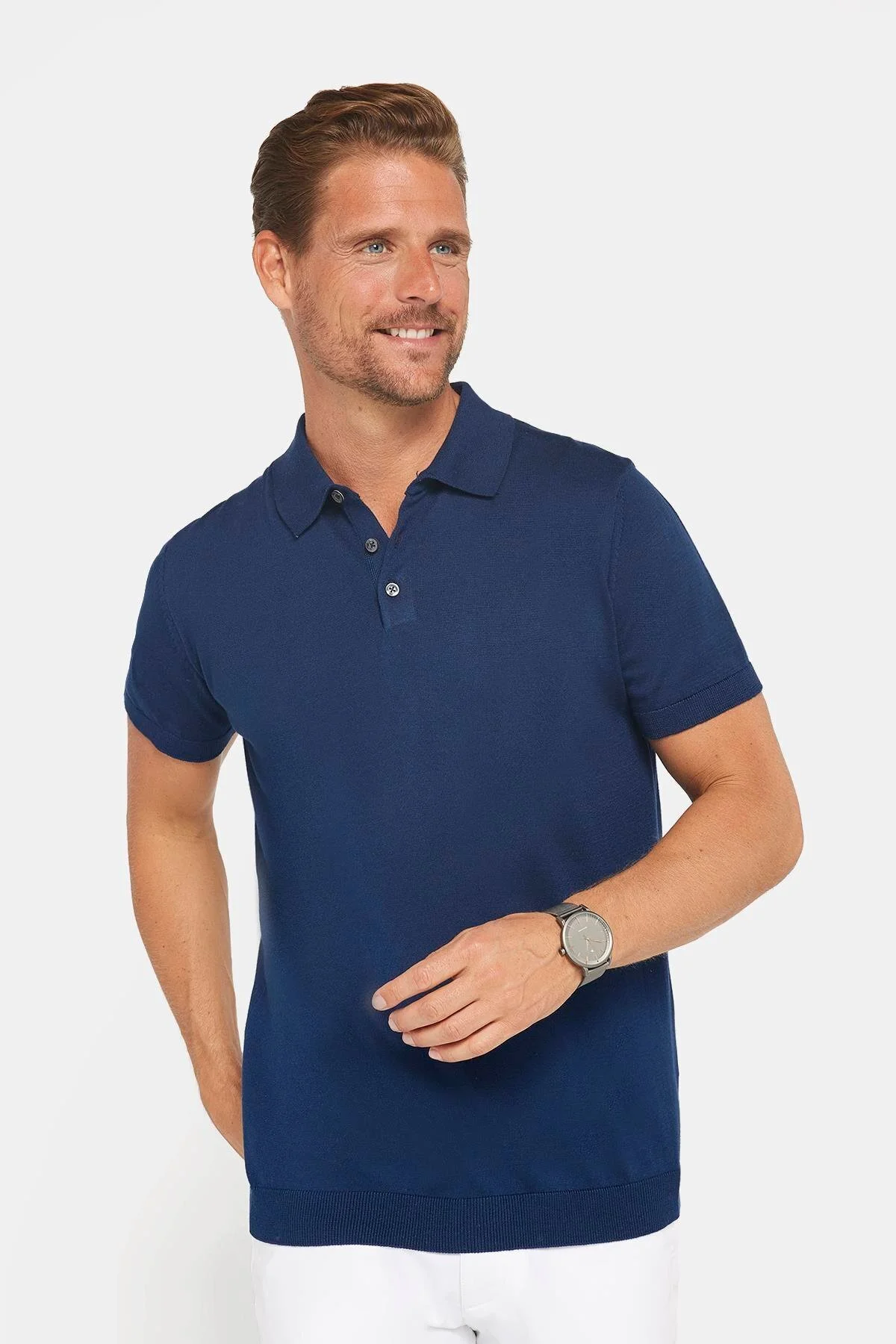 تی شرت یقه پولو مردانه باریک پنبه بریده شده و بافتنی بافته آبی چوگان T SHIRT Tudors