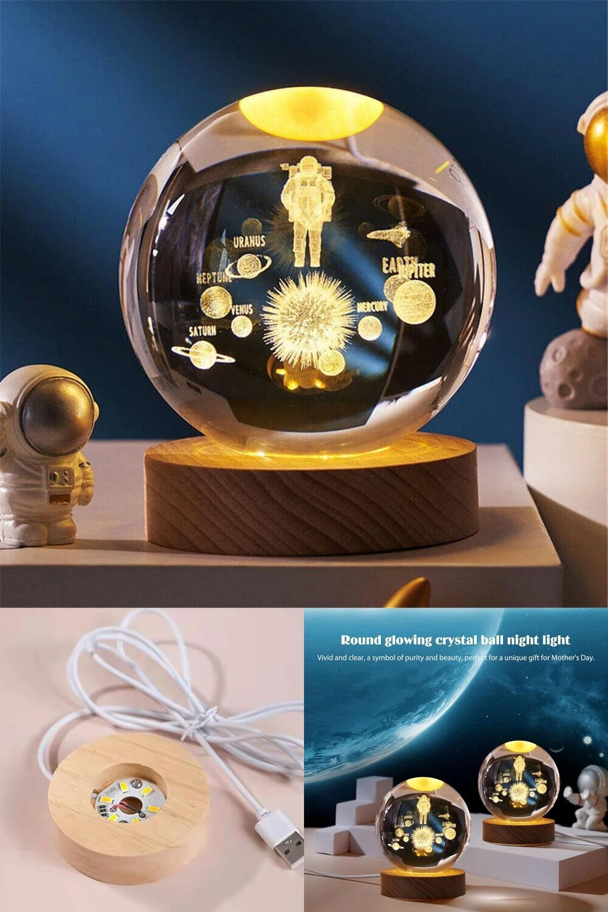 گوی برفی GLASS GLOBE با موضوع فضانوردان منظومه شمسی: گلوب تغییر نور 7 رنگ تزئینی صلح آمیز از ترکیه Yu Su Tools
